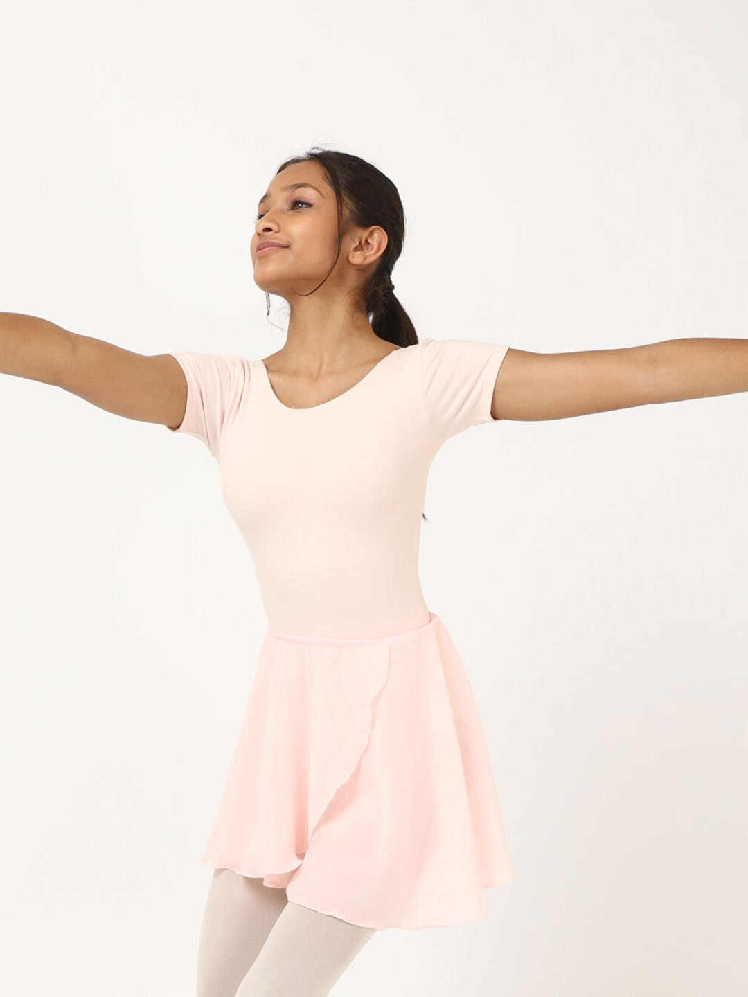 

IKAANYA Girls Ballet Short Sleeve Leotard With Wrap Around Skirt, Peach
