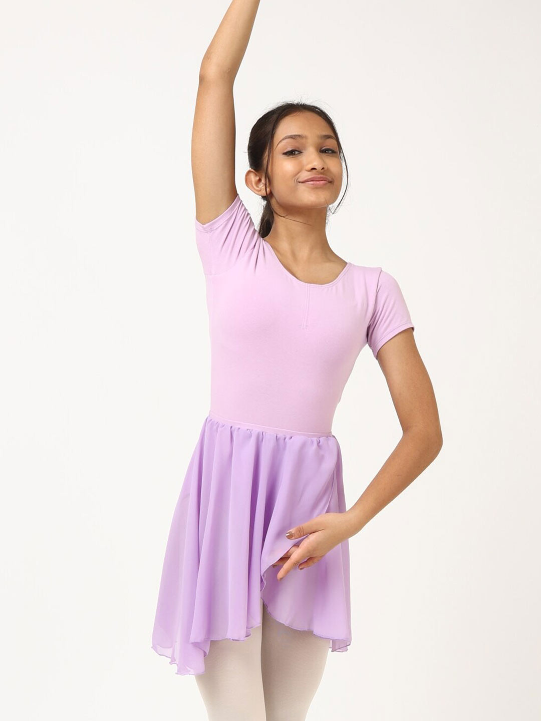 

IKAANYA Girls Short Sleeve Leotard Top With Wrap Around Skirt, Lavender