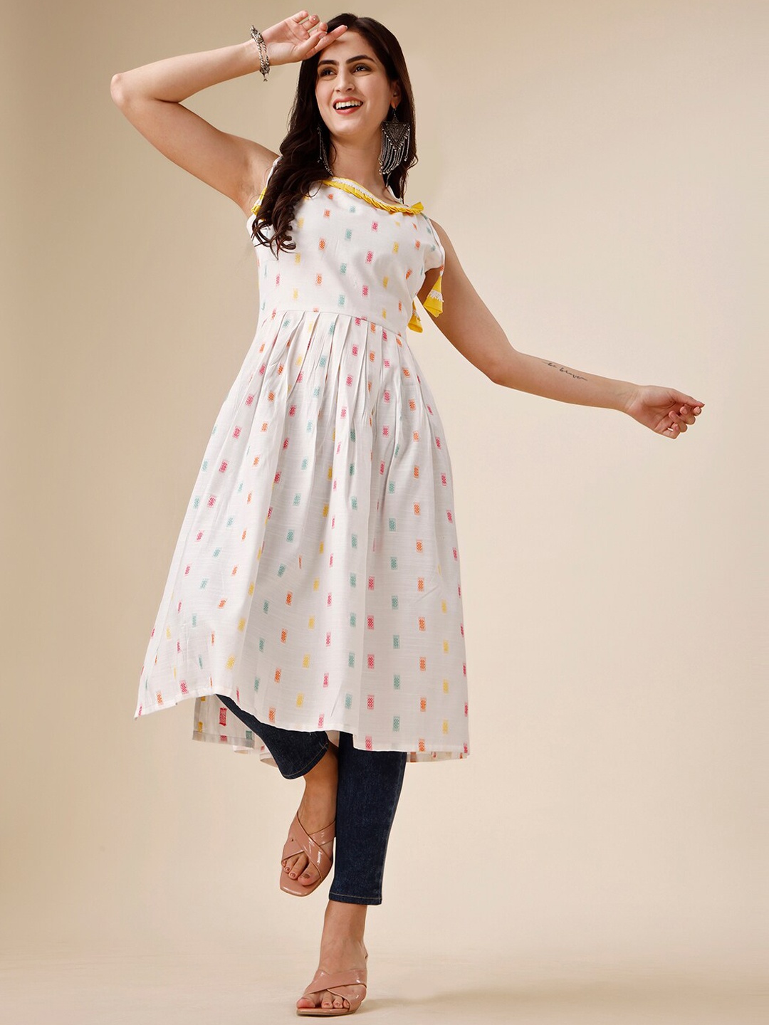 HERE&NOW White Geometric Printed A-Line Kurta