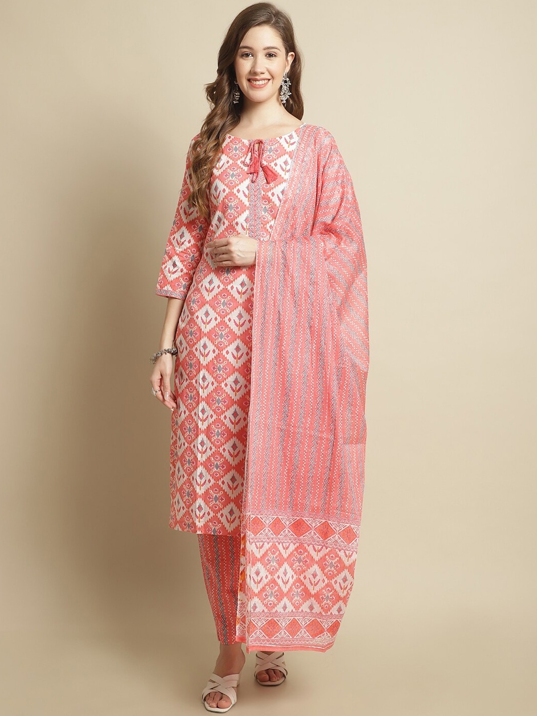 

Pistaa Geometric Printed Pure Cotton Kurta With Trousers & With Dupatta, Peach