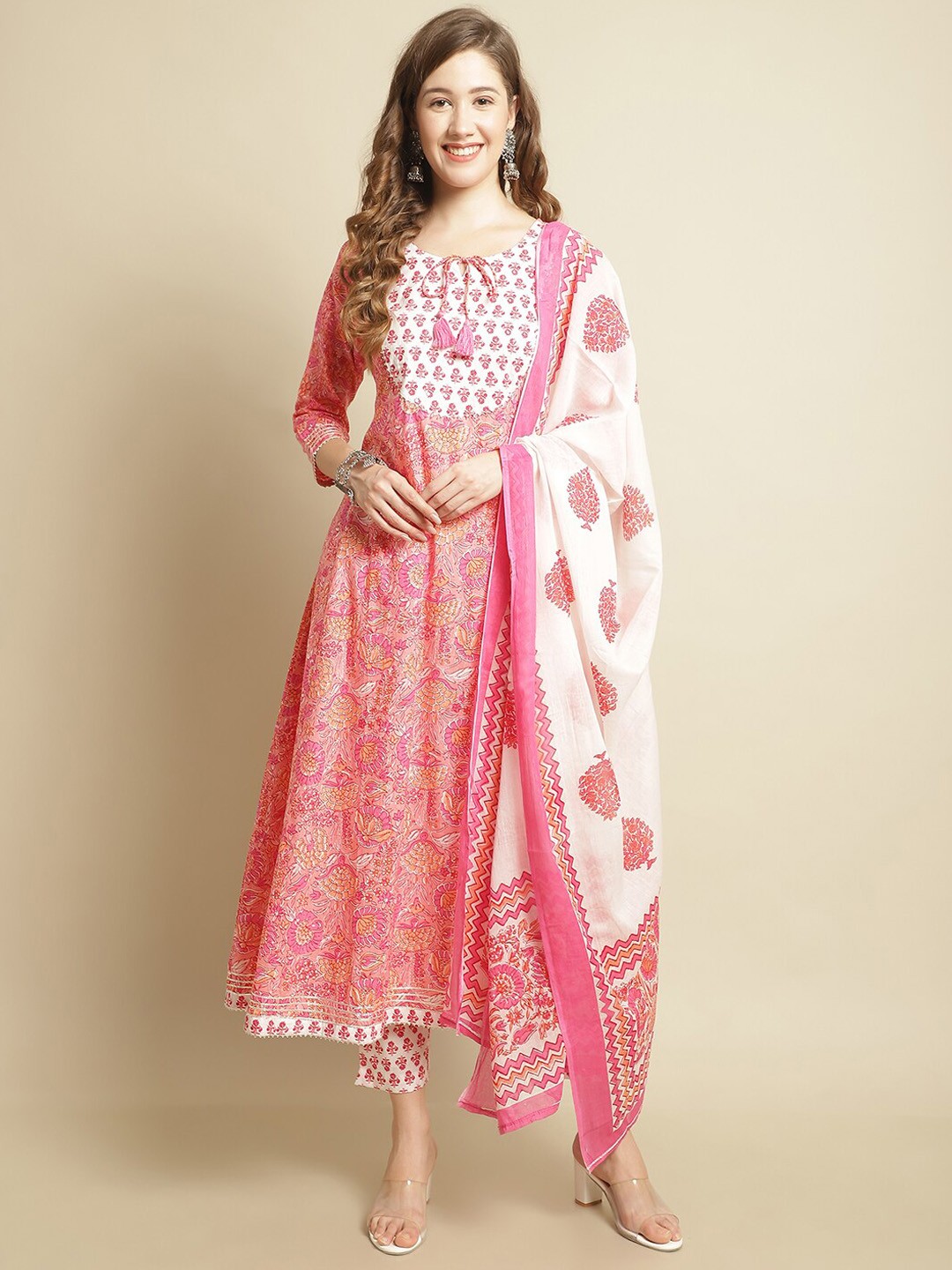 

Pistaa Floral Yoke Design Gotta Patti Pure Cotton Kurta With Trousers & With Dupatta, Pink