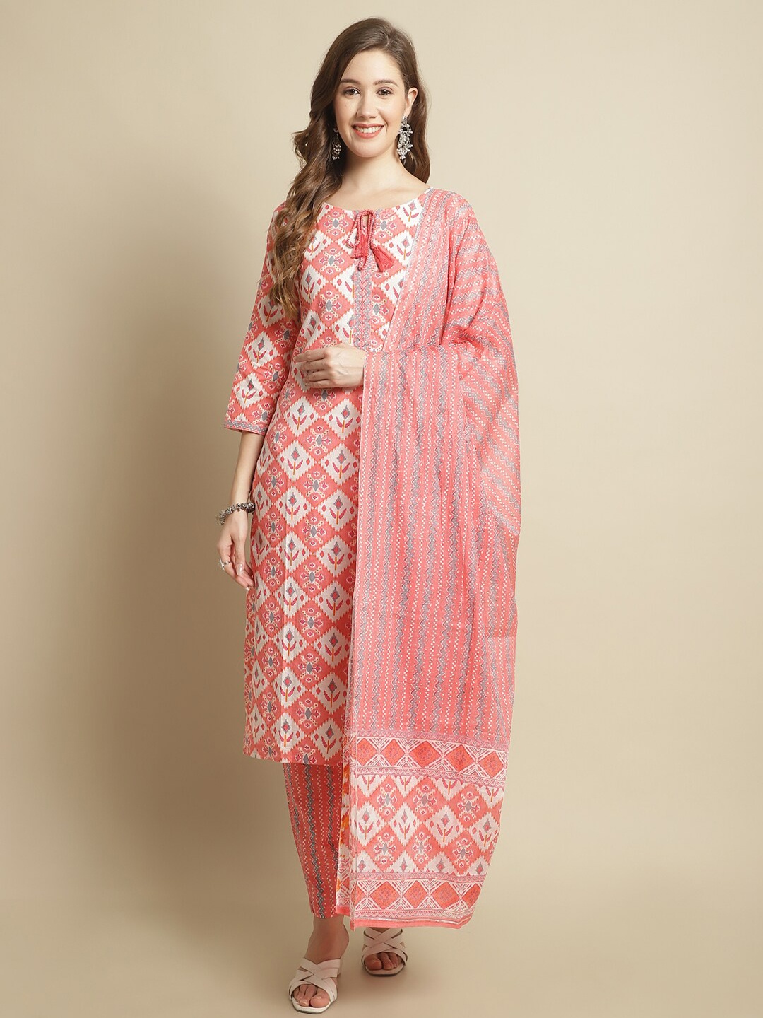 

Pistaa Geometric Printed Pure Cotton Kurta With Trousers & With Dupatta, Peach