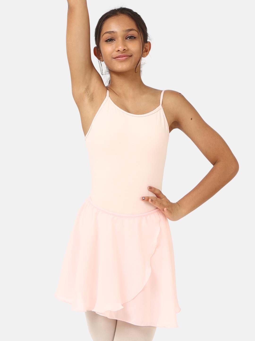 

IKAANYA Girls Round Neck Sleeveless Leotard Top With Skirt, Peach
