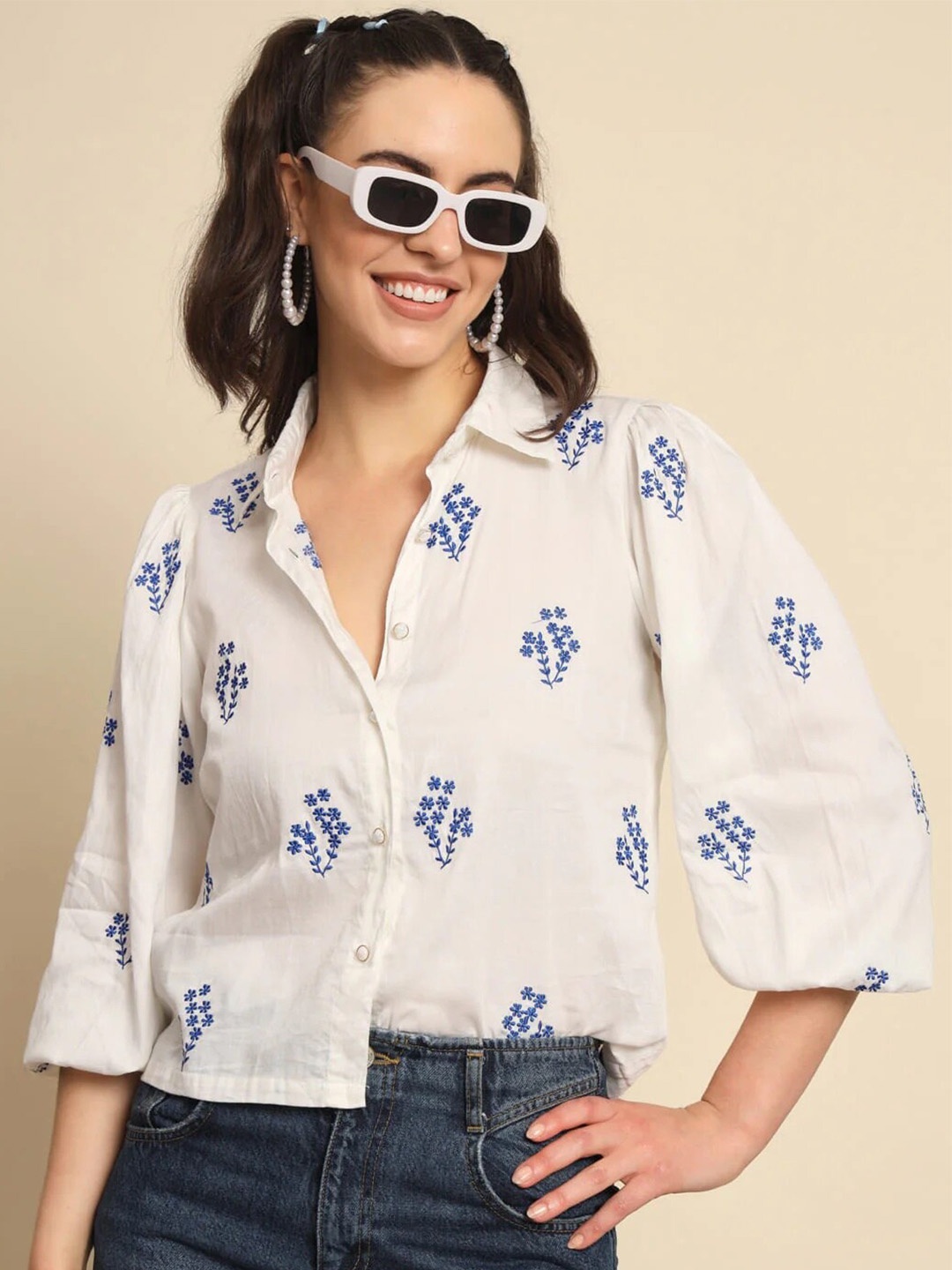 

Cation White & Blue Comfort Floral Embroidered Casual Cotton Shirt
