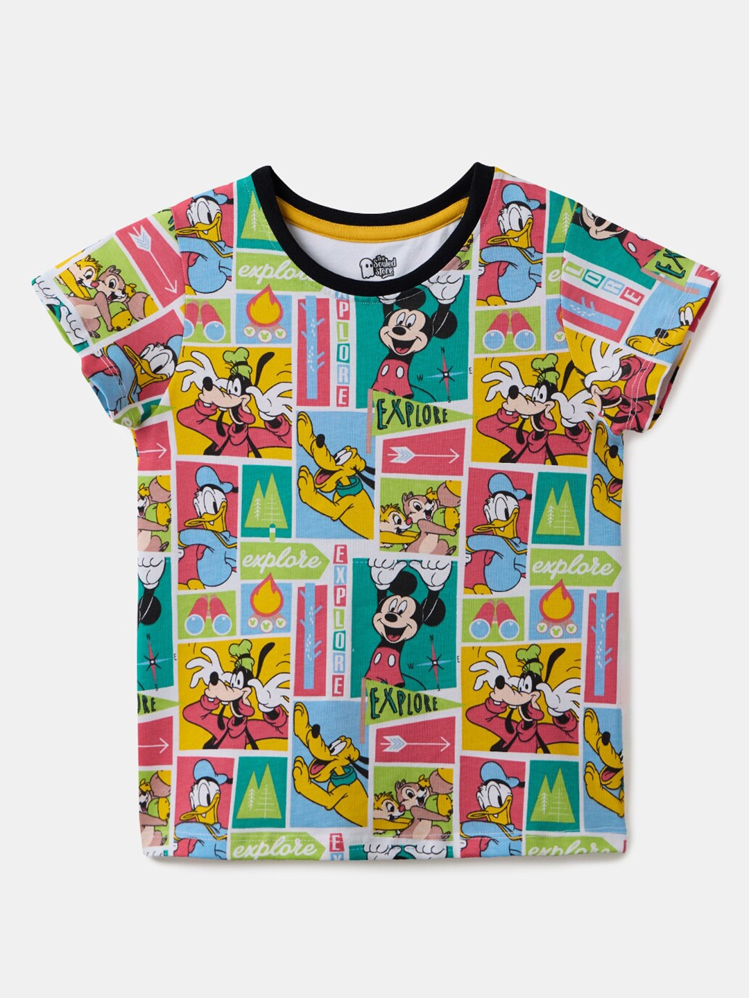

The Souled Store Girls Green, Blue And Yellow Disney Graphic Printed Pure Cotton T-Shirt