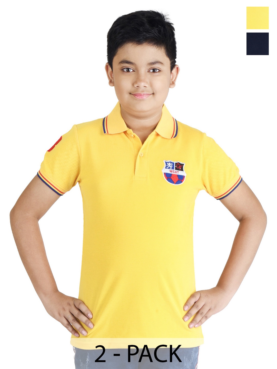 

Clothe Funn Boys Yellow & Black Pack Of 2 Polo Collar Pure Cotton Applique T-shirt