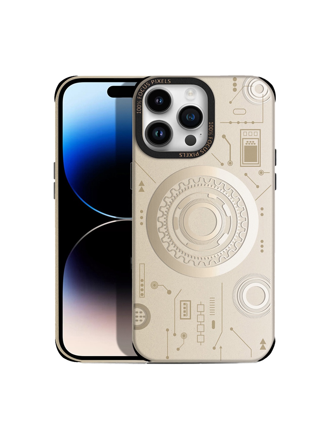 

Karwan Mechanical Techno Design Mag Safe iPhone 14 Pro Back Case, Gold