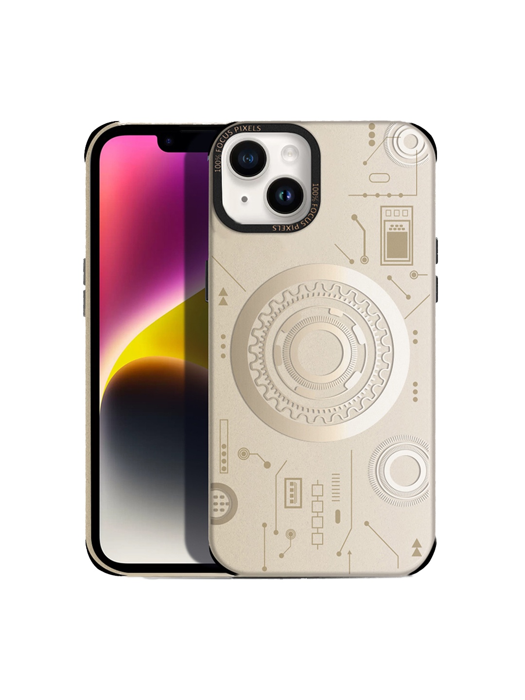 

Karwan Mechanical Techno Design Mag Safe iPhone 14 Back Case, Gold