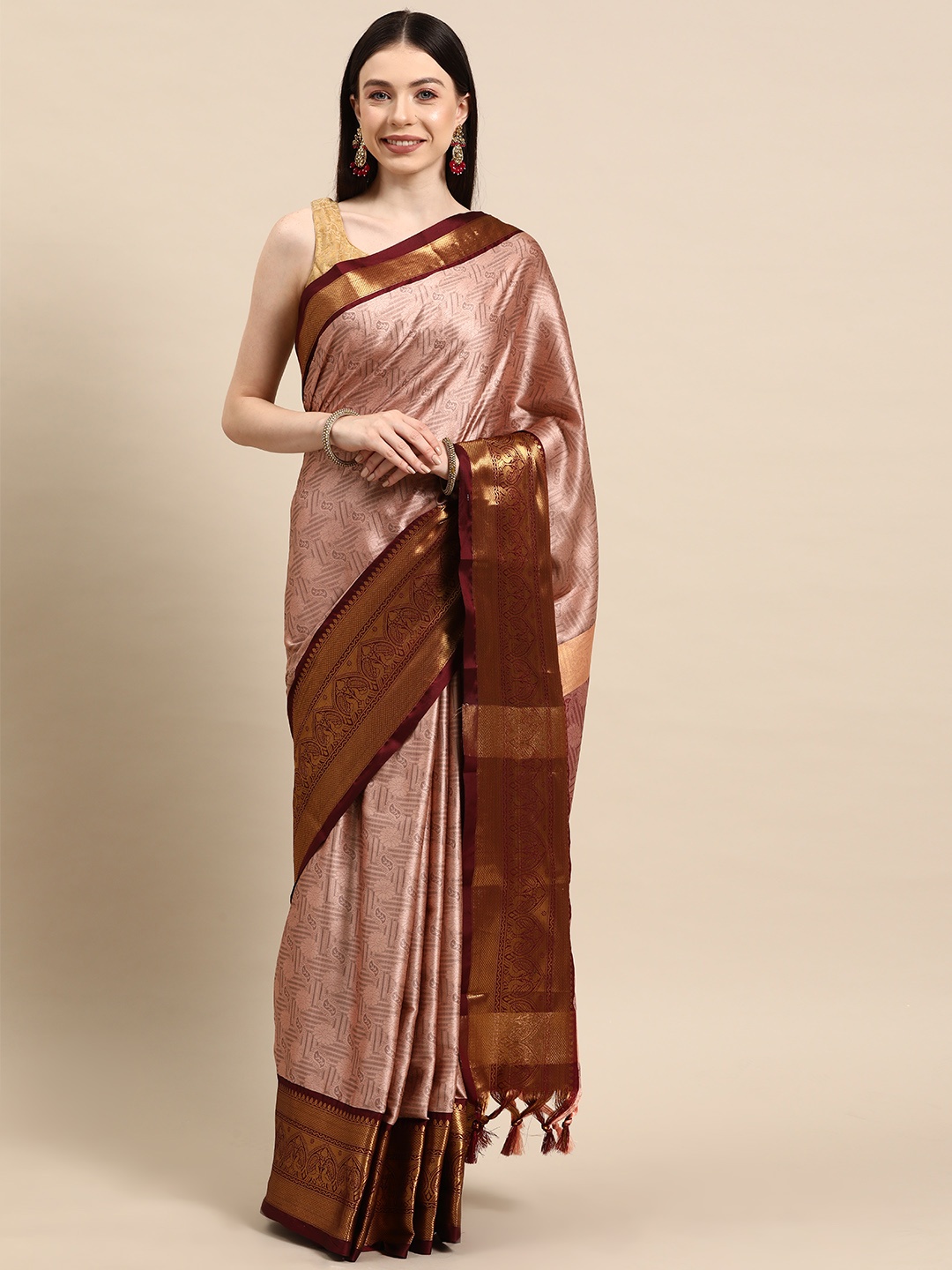 

HERE&NOW Ethnic Motifs Art Silk Banarasi Saree, Peach