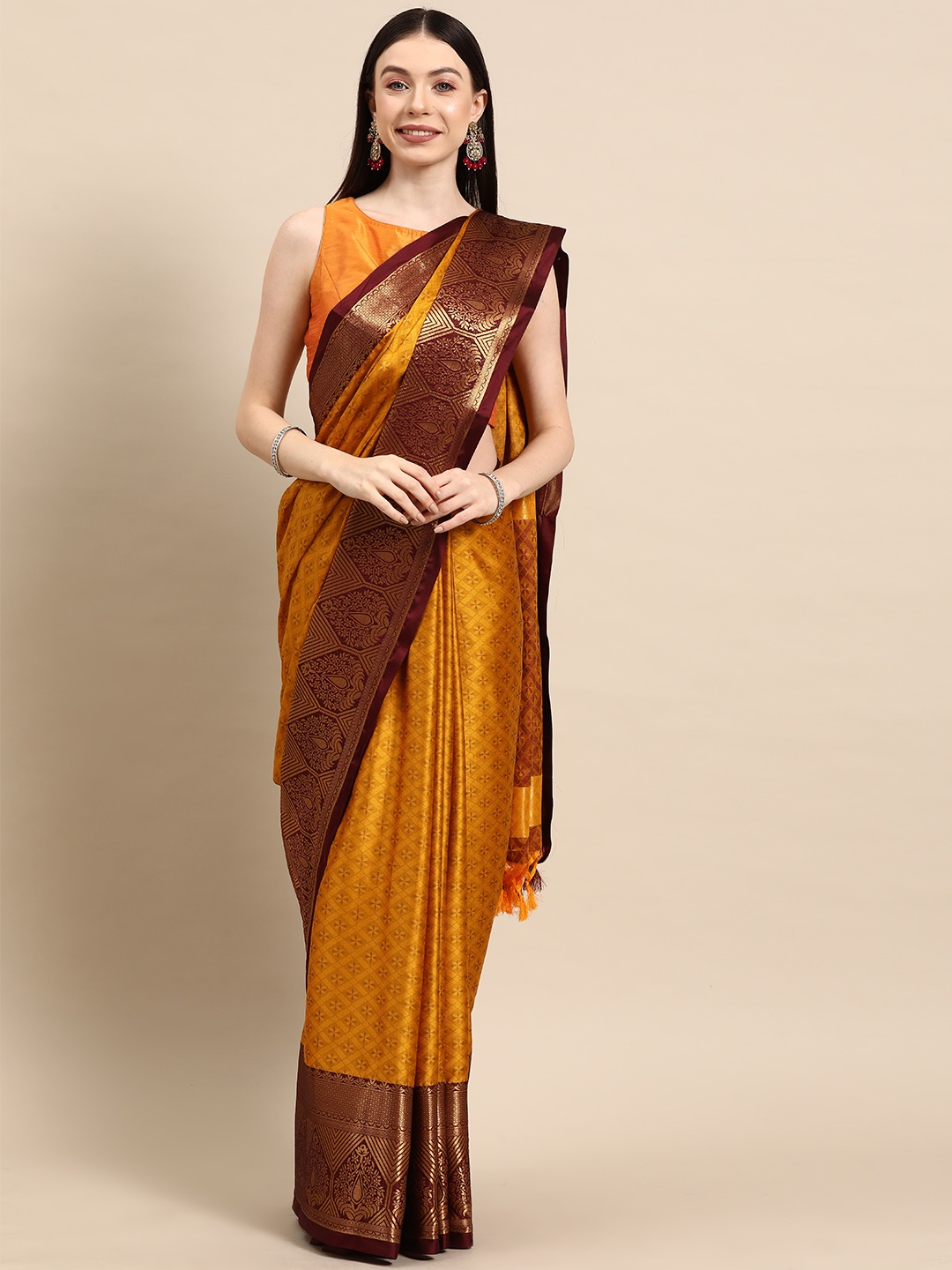 

HERE&NOW Ethnic Motifs Art Silk Banarasi Saree, Mustard