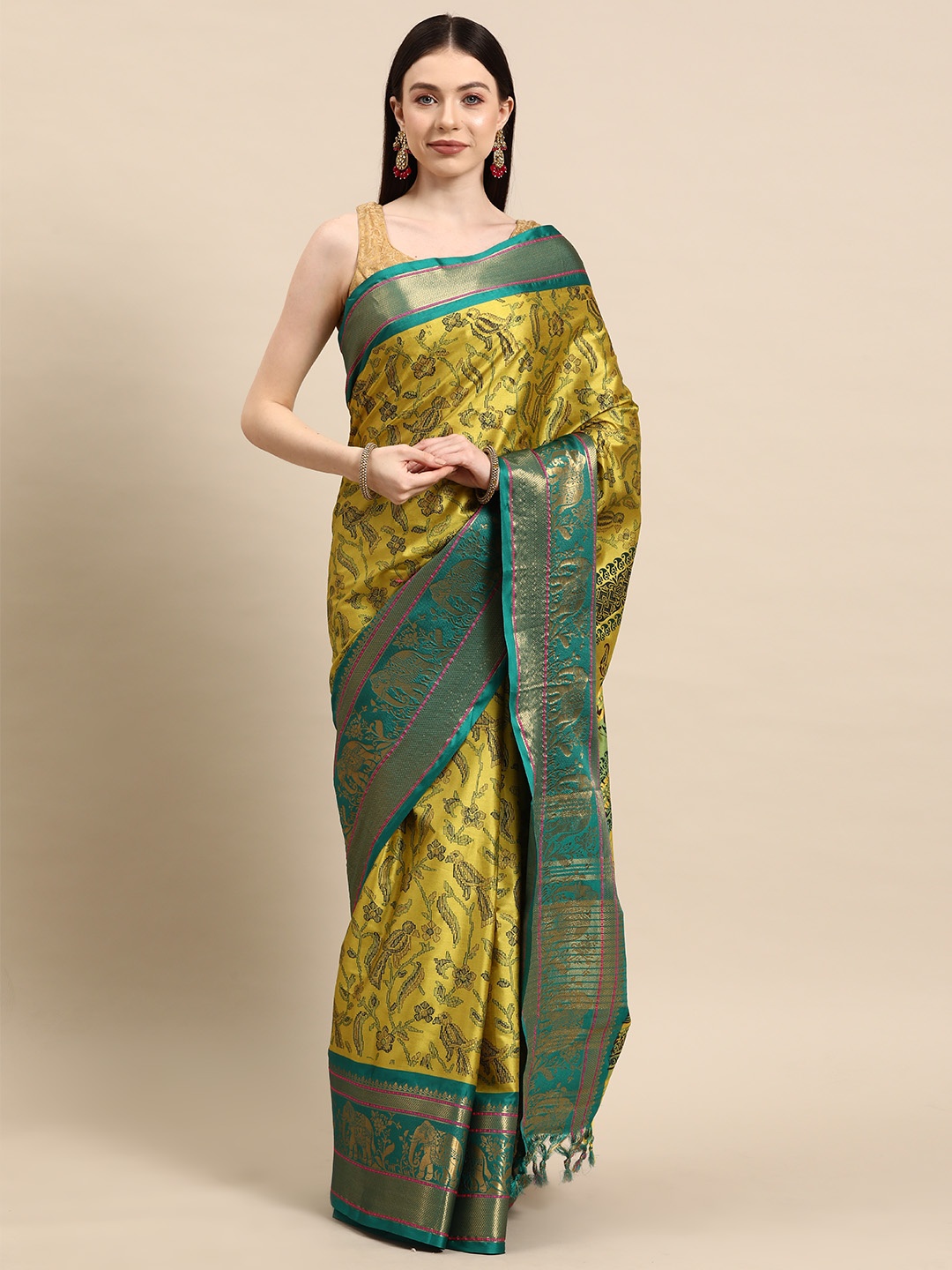 

HERE&NOW Ethnic Motifs Art Silk Banarasi Saree, Yellow