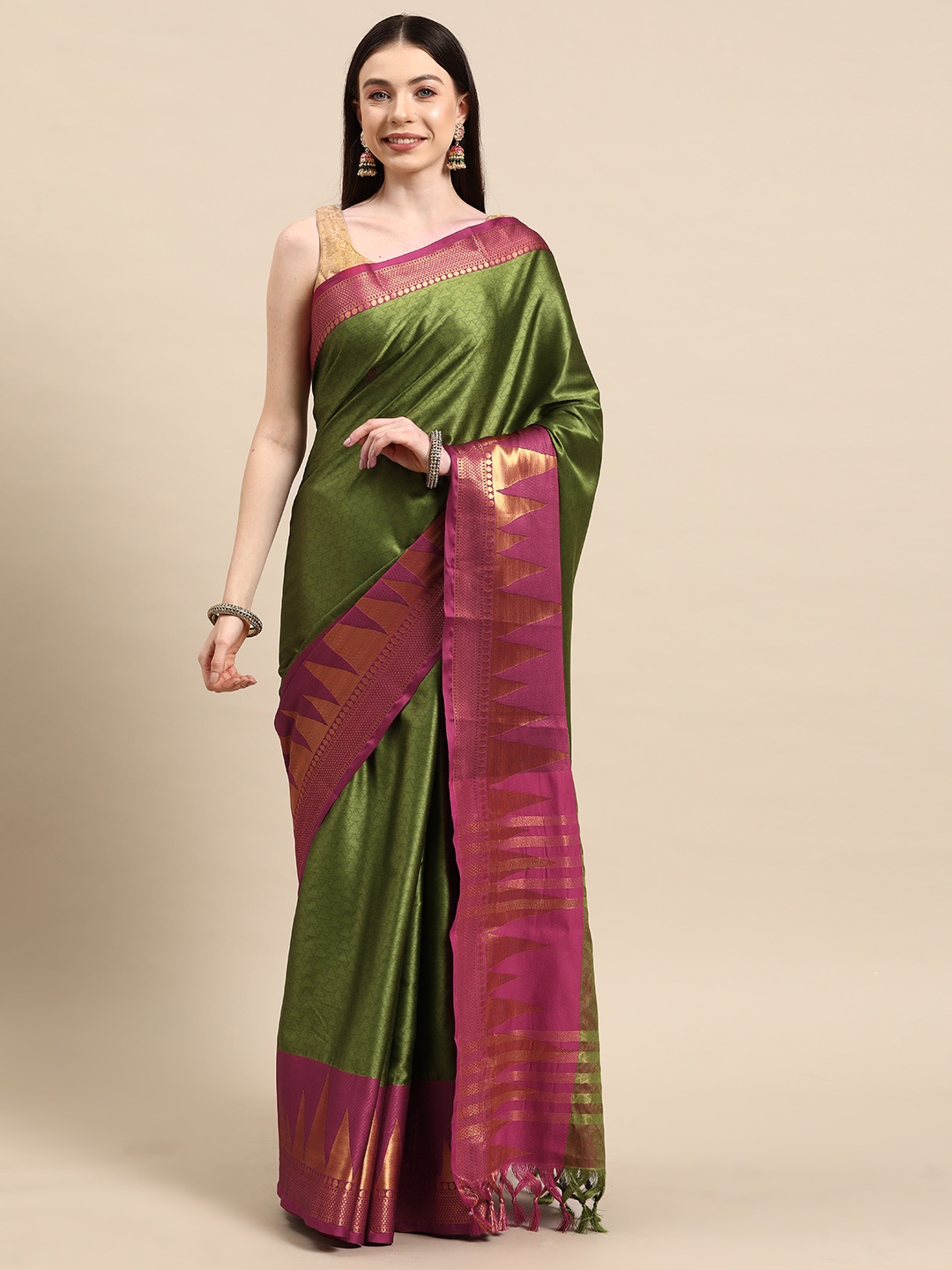 

HERE&NOW Ethnic Motifs Art Silk Banarasi Saree, Green