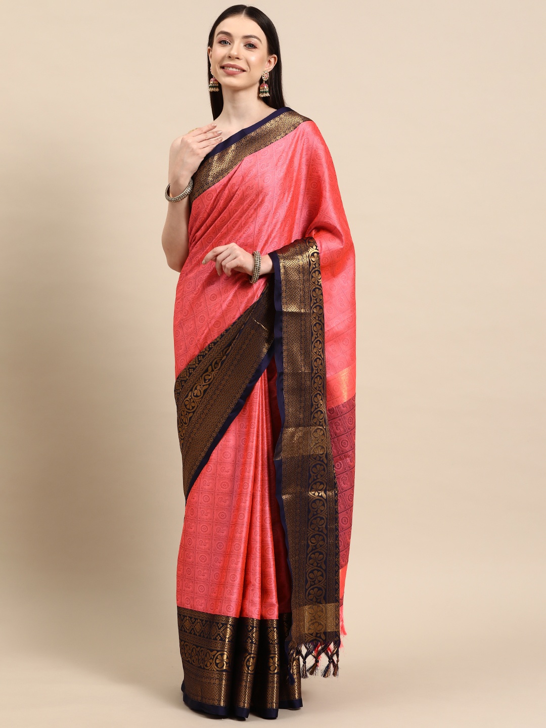 

HERE&NOW Ethnic Motifs Art Silk Banarasi Saree, Pink