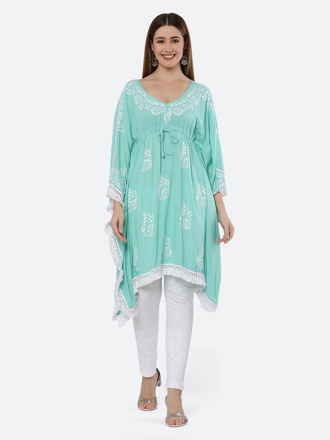 

FAWOMENT Floral Embroidered Chikankari Kaftan Kurta, Turquoise blue