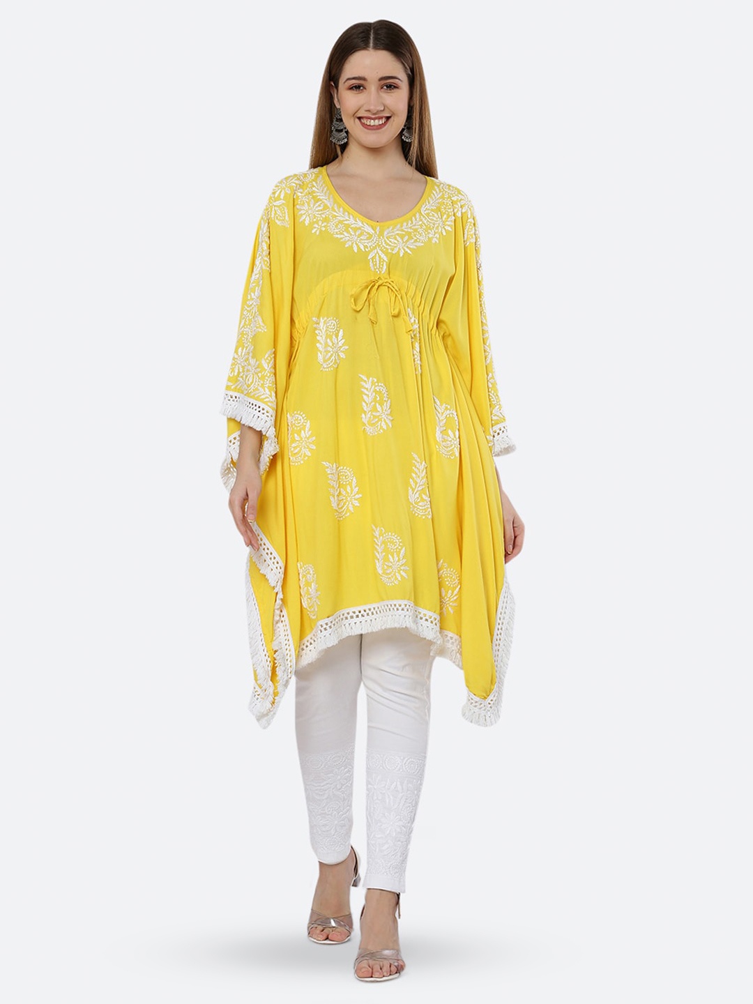 

FAWOMENT Floral Embroidered Chikankari Kaftan Kurta, Yellow