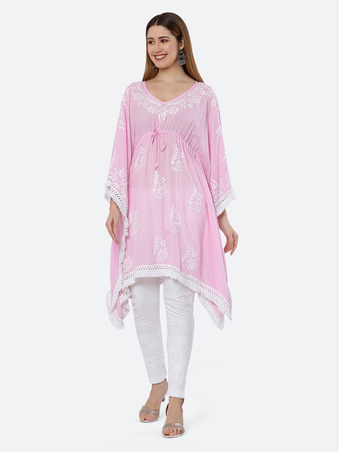 

FAWOMENT Floral Embroidered Chikankari Kaftan Kurta, Pink