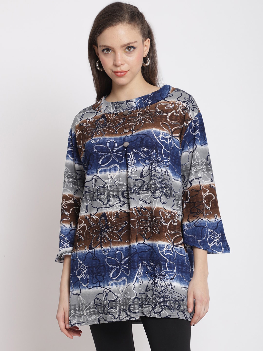 

The Mini NEEDLE Floral Printed Boat Neck Longline Cotton Top, Blue