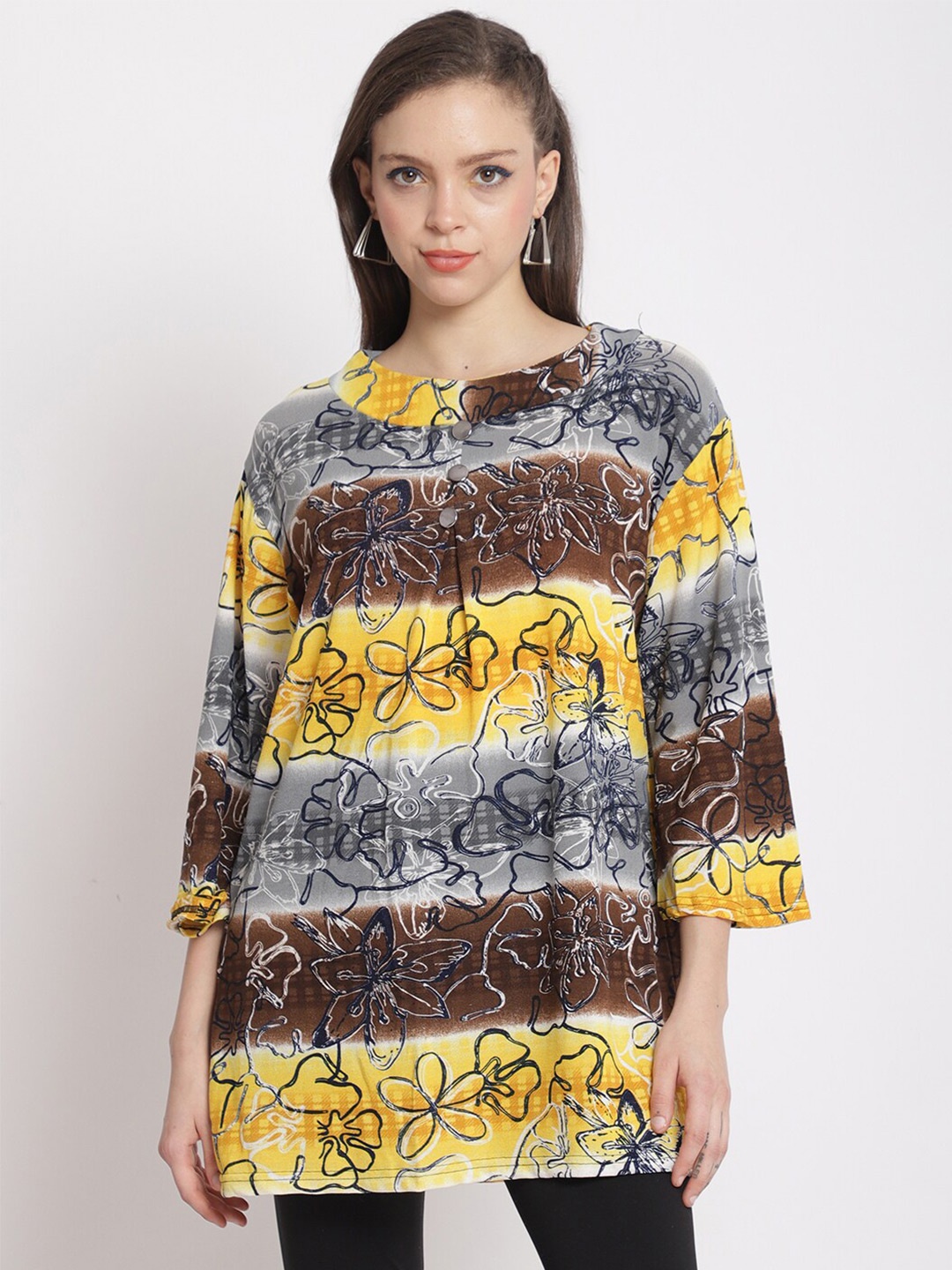 

The Mini NEEDLE Floral Printed Boat Neck Longline Cotton Top, Brown