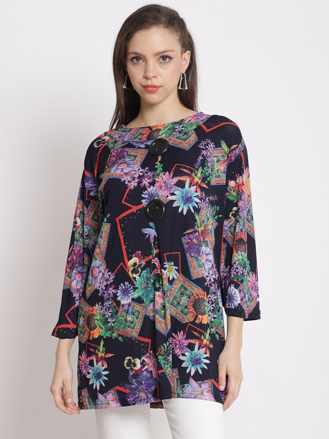 

The Mini NEEDLE Floral Printed Boat Neck Longline Top, Navy blue
