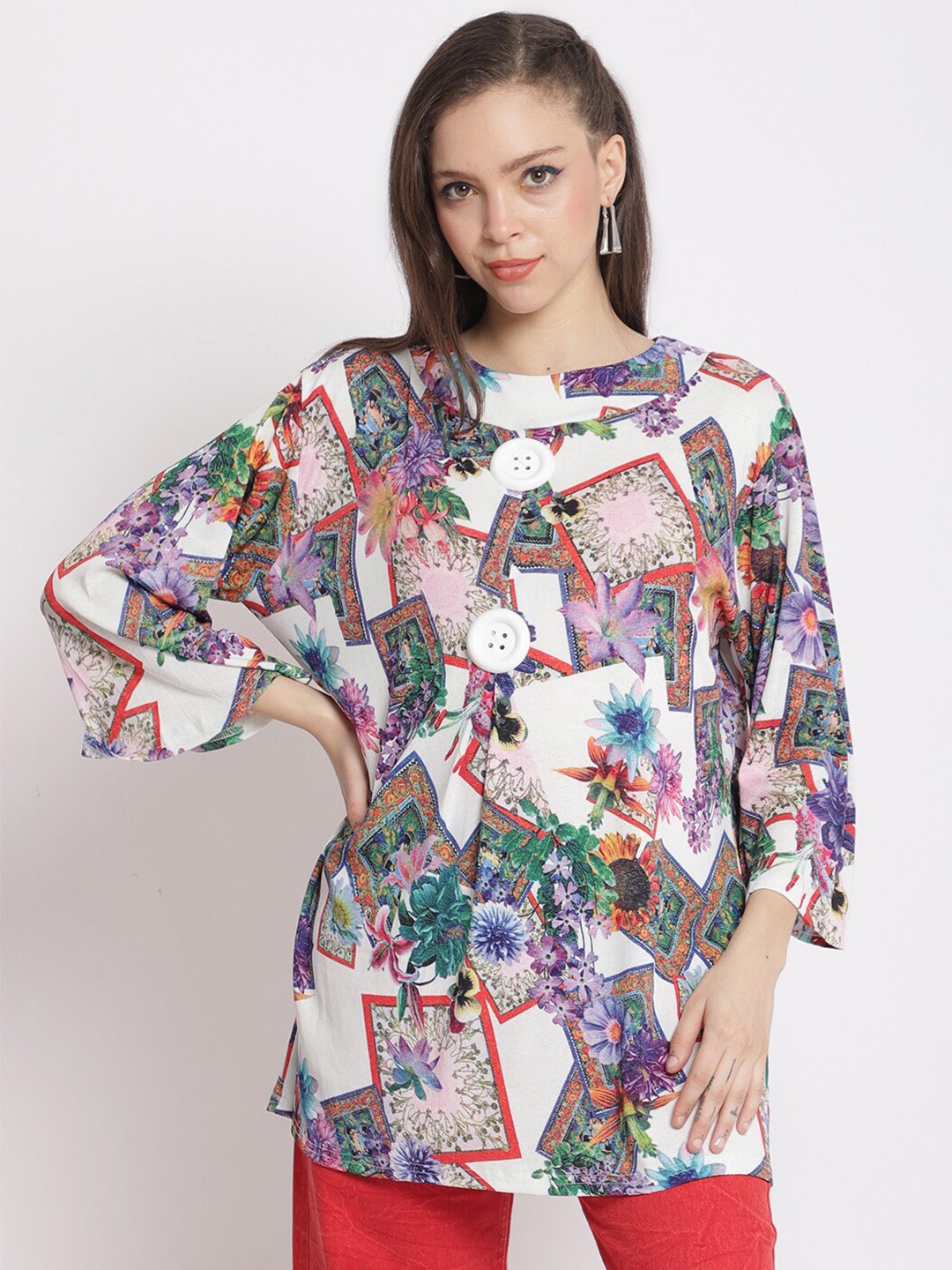 

The Mini NEEDLE Floral Printed Flared Sleeves Longline Top, Purple