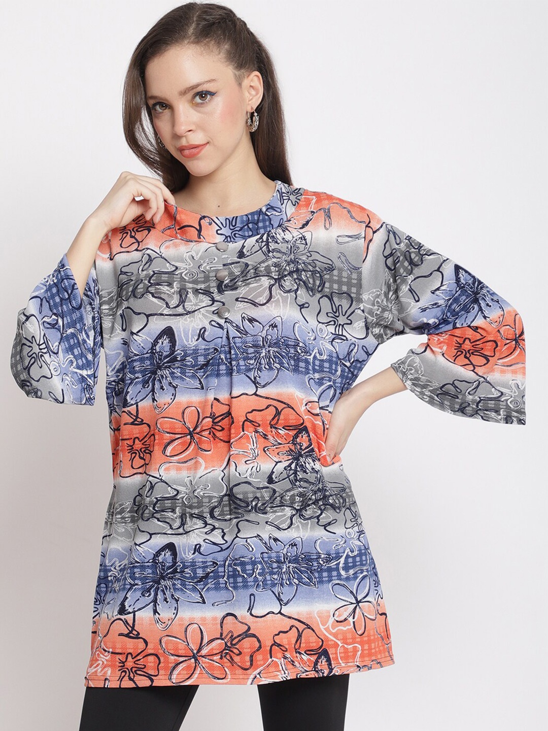 

The Mini NEEDLE Floral Printed Flared Sleeves Longline Top, Blue