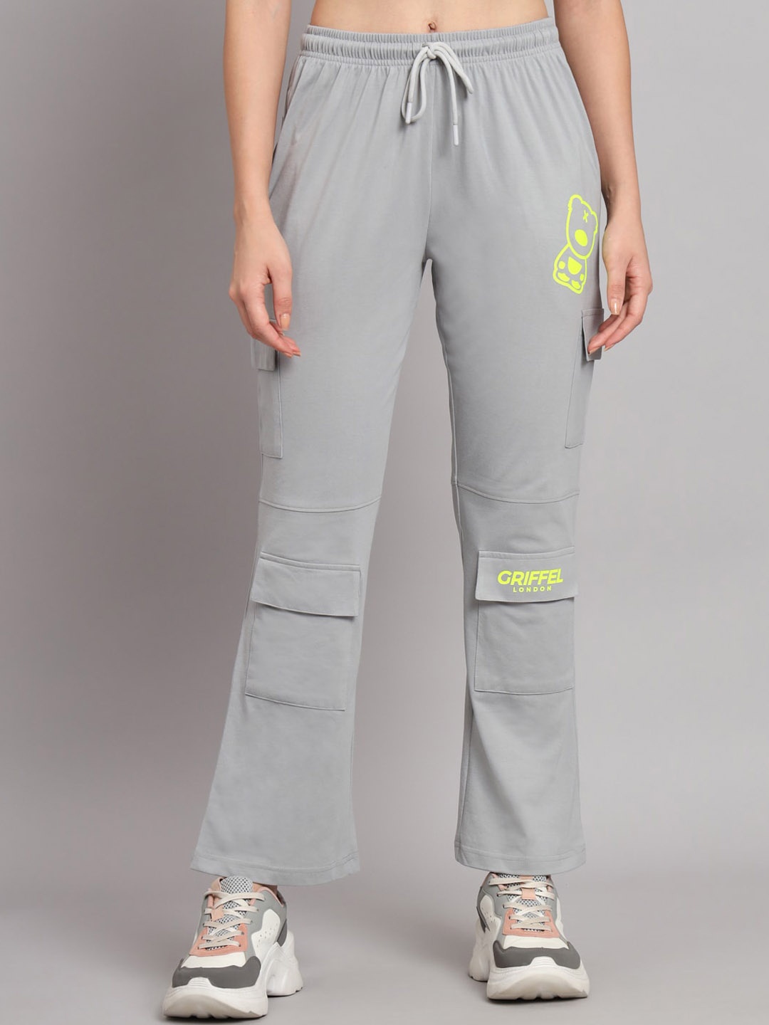 

GRIFFEL Women Mid Rise Cotton Track Pants, Grey melange