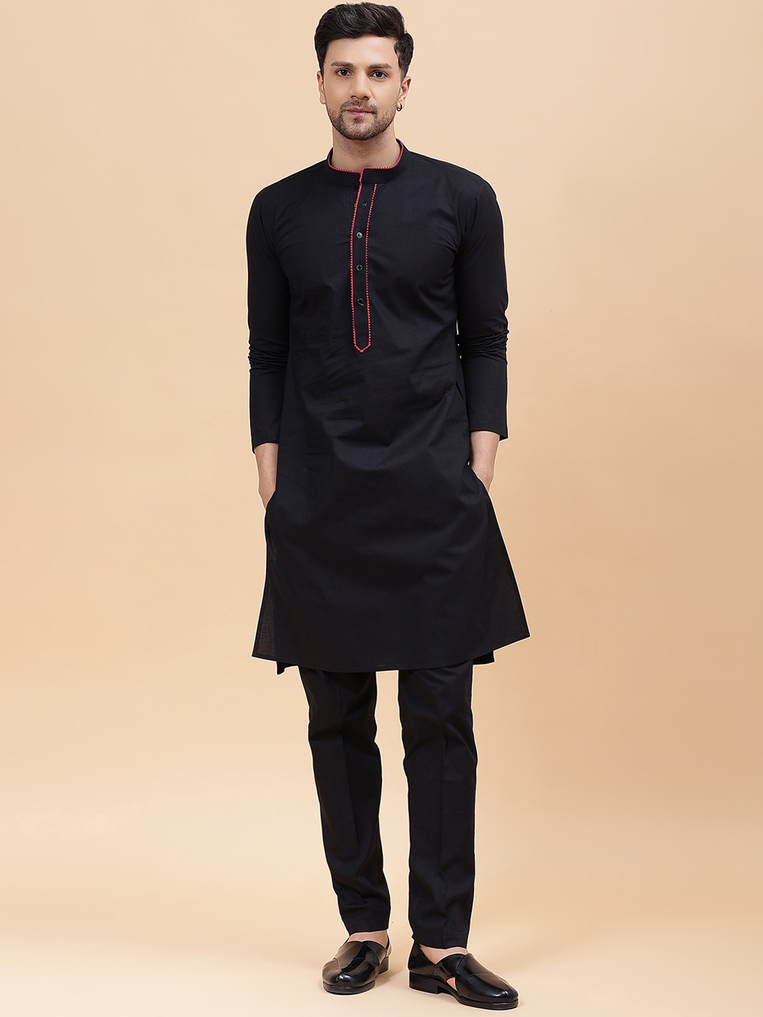

See Designs Mandarin Collar Thread Work Pure Cotton Straight Kurta, Black