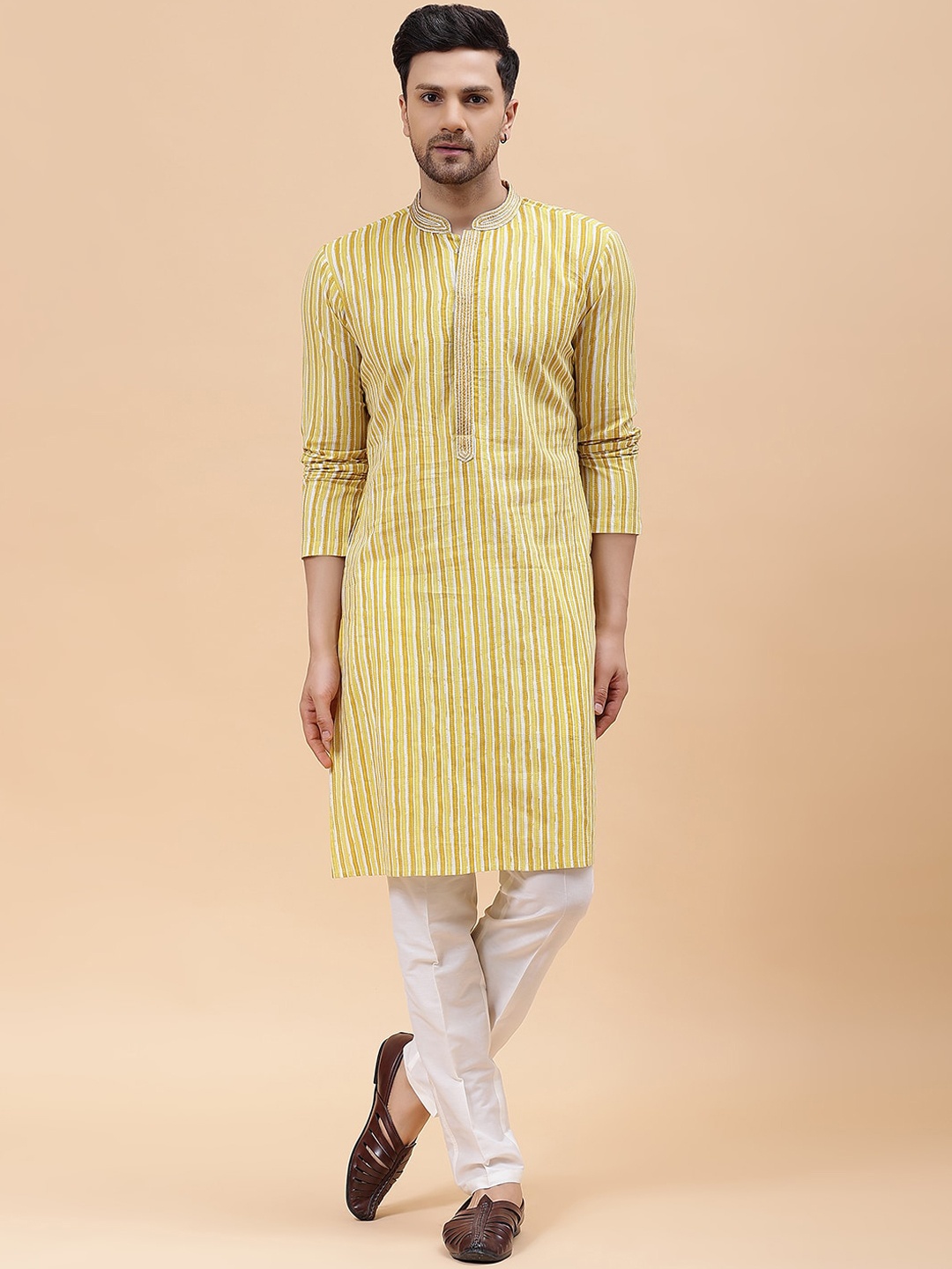 

See Designs Striped Thread Work Pure Cotton Kurta, Gold