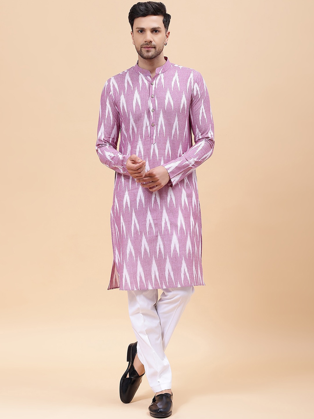 

See Designs Woven Design Mandarin Collar Pure Cotton Kurta, Lavender