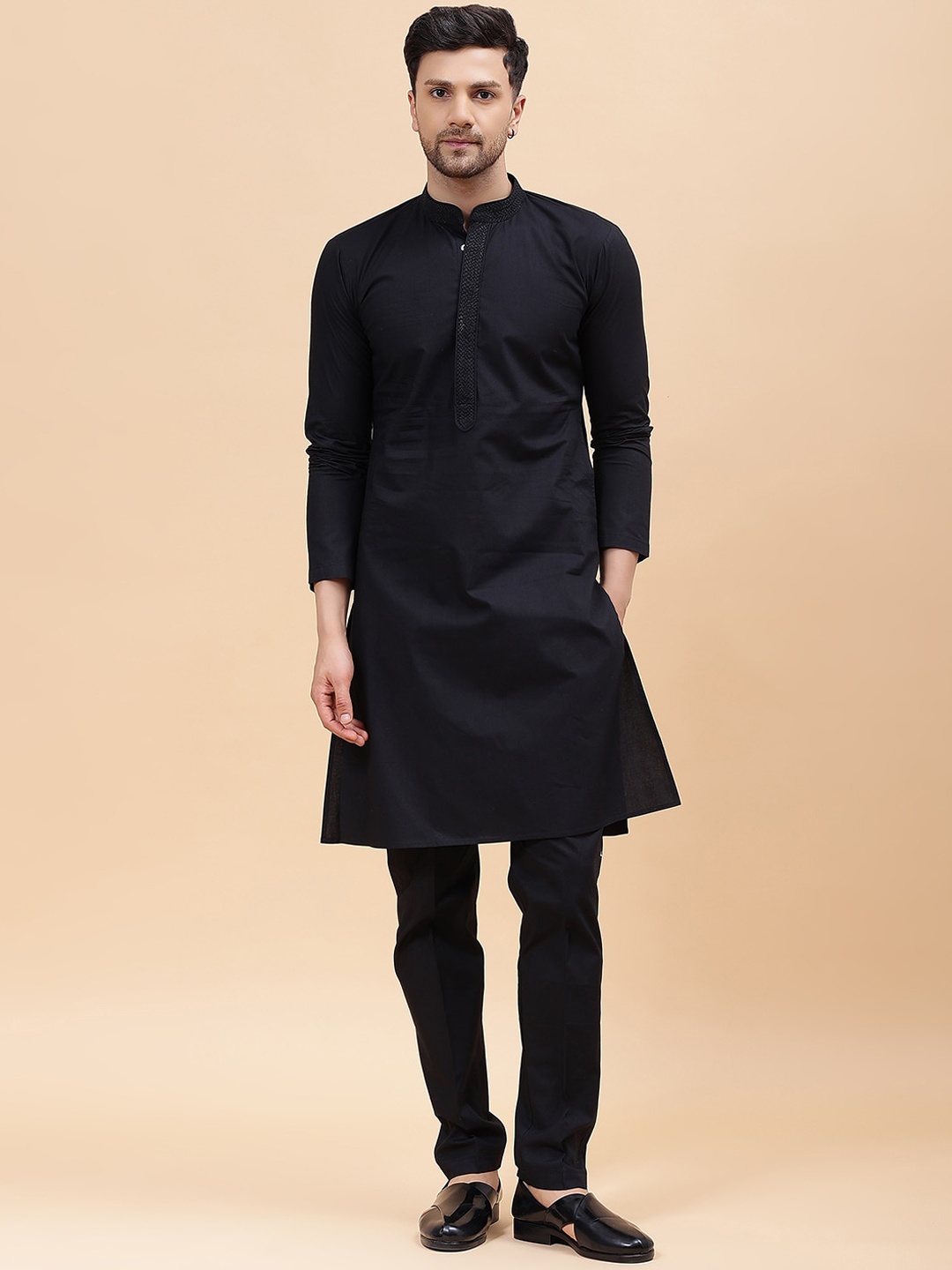 

See Designs Mandarin Collar Pure Cotton Kurta, Black