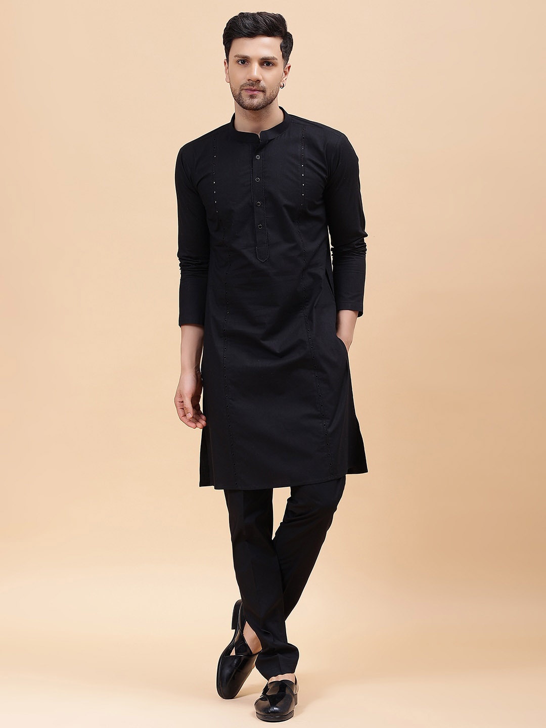 

See Designs Embroidered Mandarin Collar Pure Cotton Kurta, Black