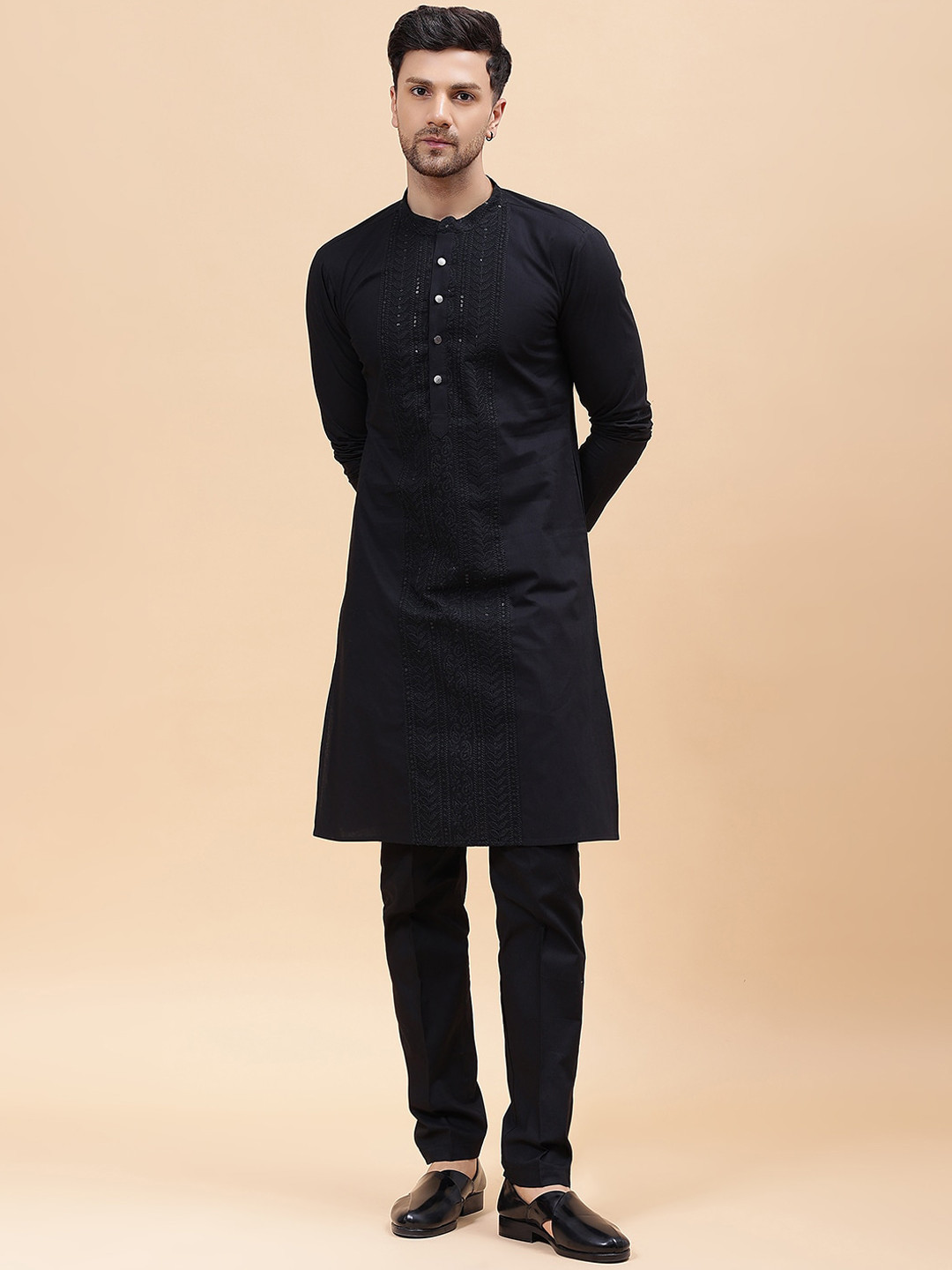 

See Designs Embroidered Mandarin Collar Pure Cotton Kurta, Black