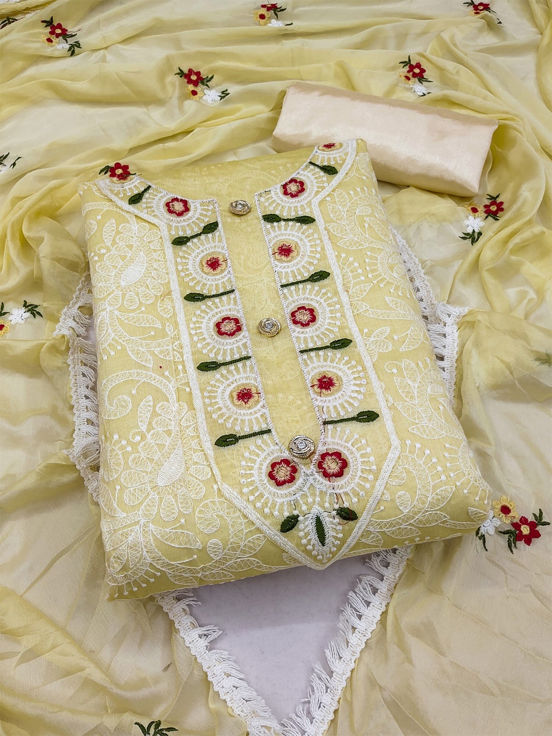 

KALINI Embroidered Art Silk Unstitched Dress Material, Yellow