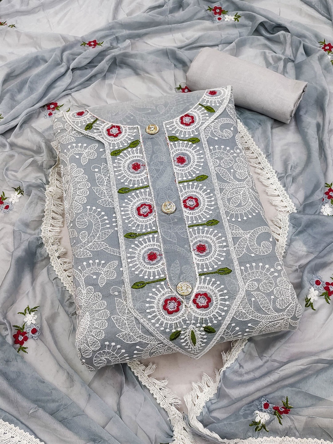 

KALINI Embroidered Art Silk Unstitched Dress Material, Grey