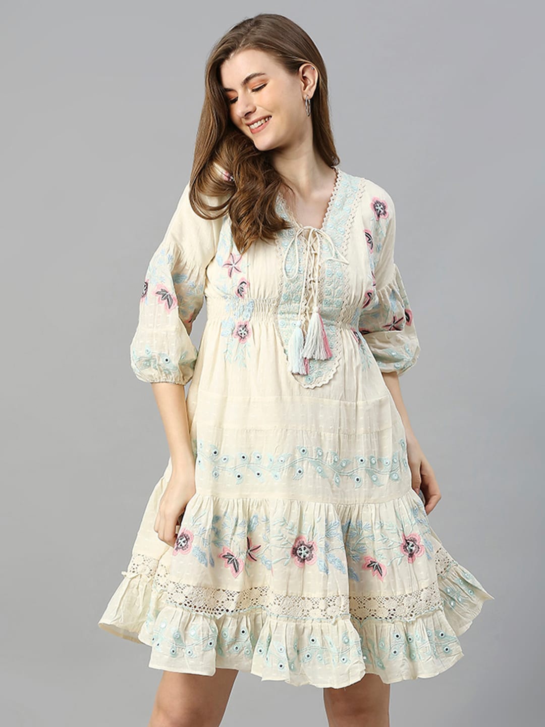 

Aanyor Floral Printed Tie-Up Neck Puff Sleeve Cotton A-Line Dress, Beige