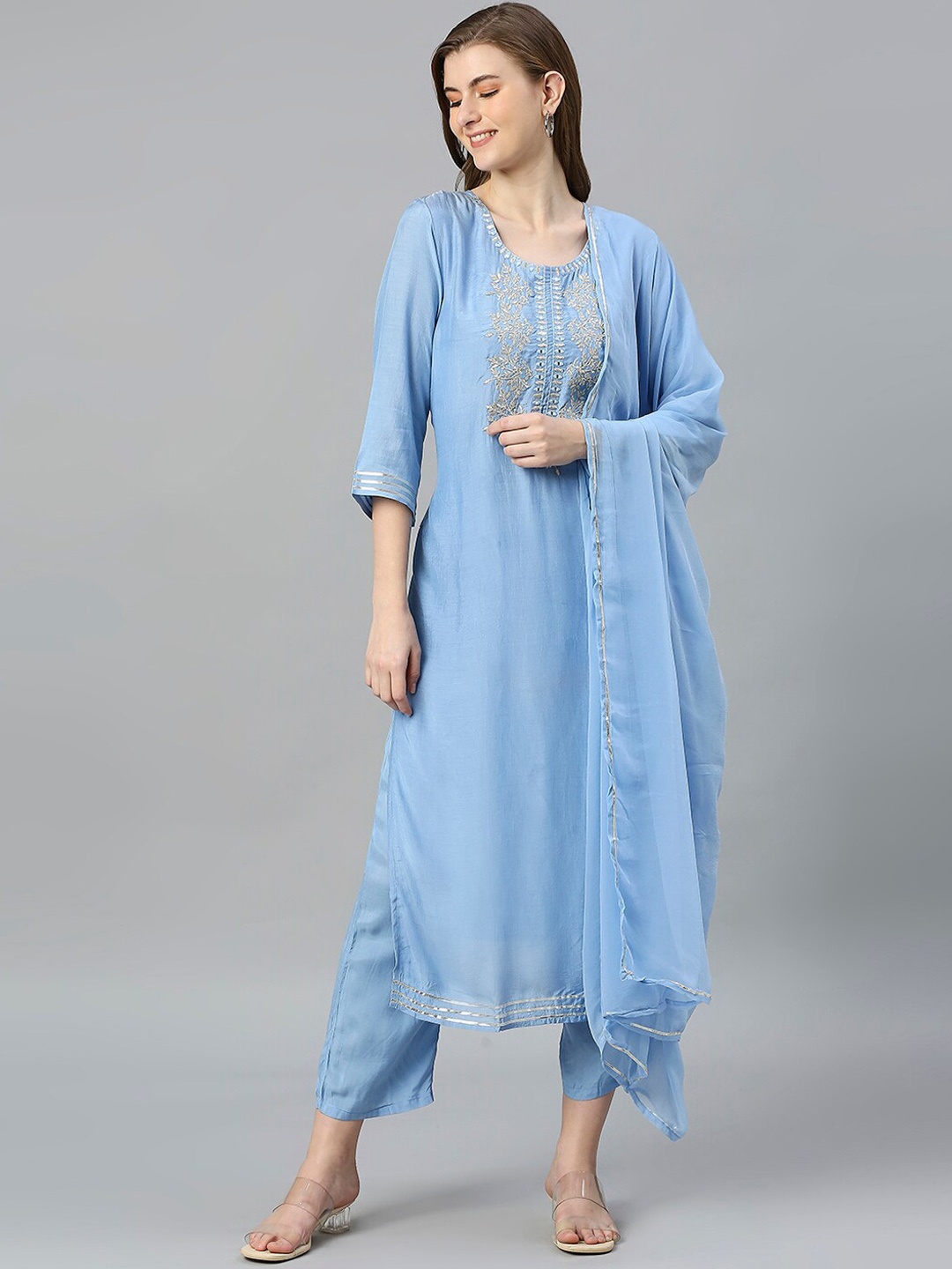 

Aanyor Floral Embroidered Mirror Work Kurta with Trousers & Dupatta, Blue