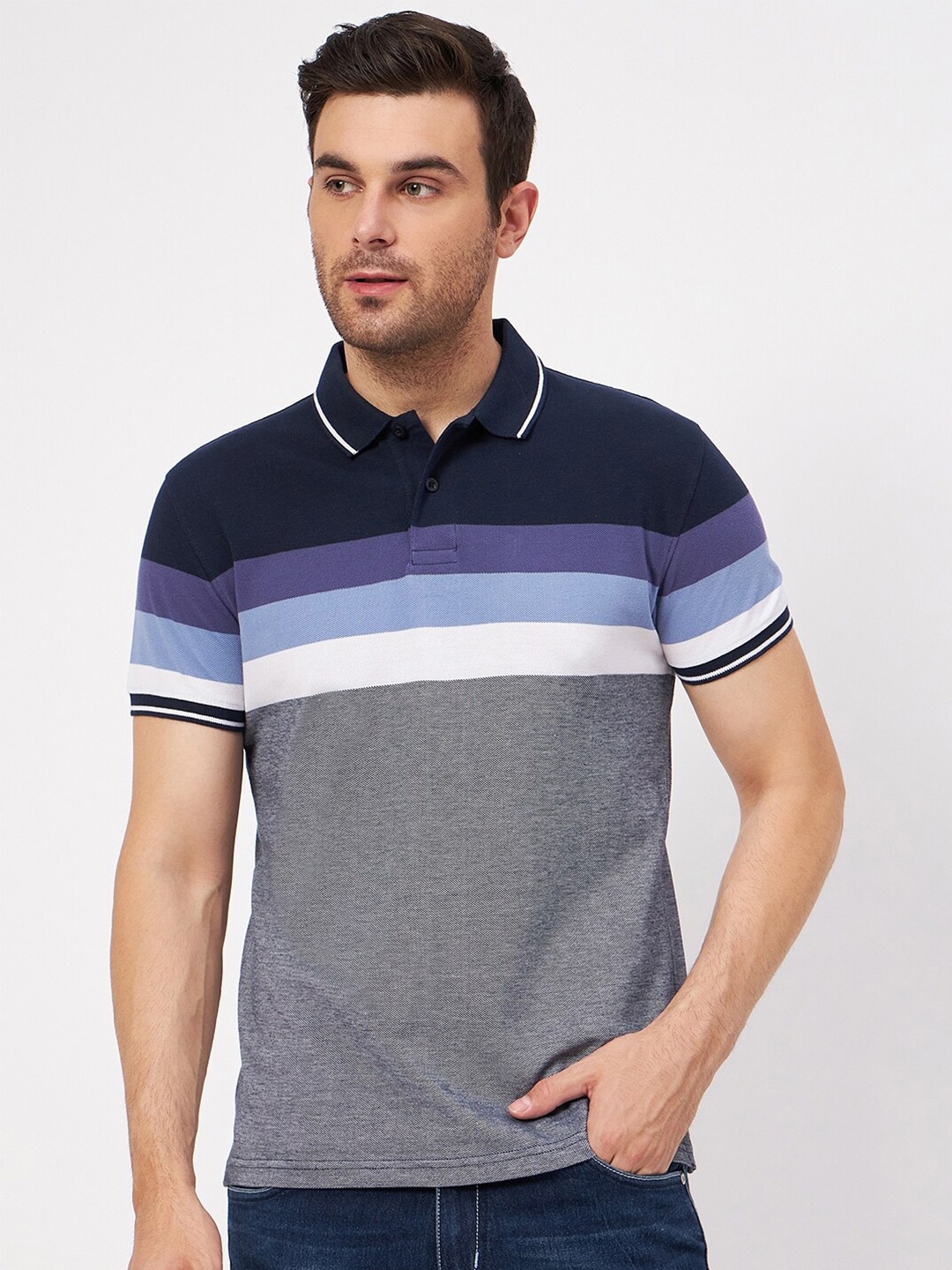 

Austin wood Charcoal Striped Polo Collar Cotton T-shirt
