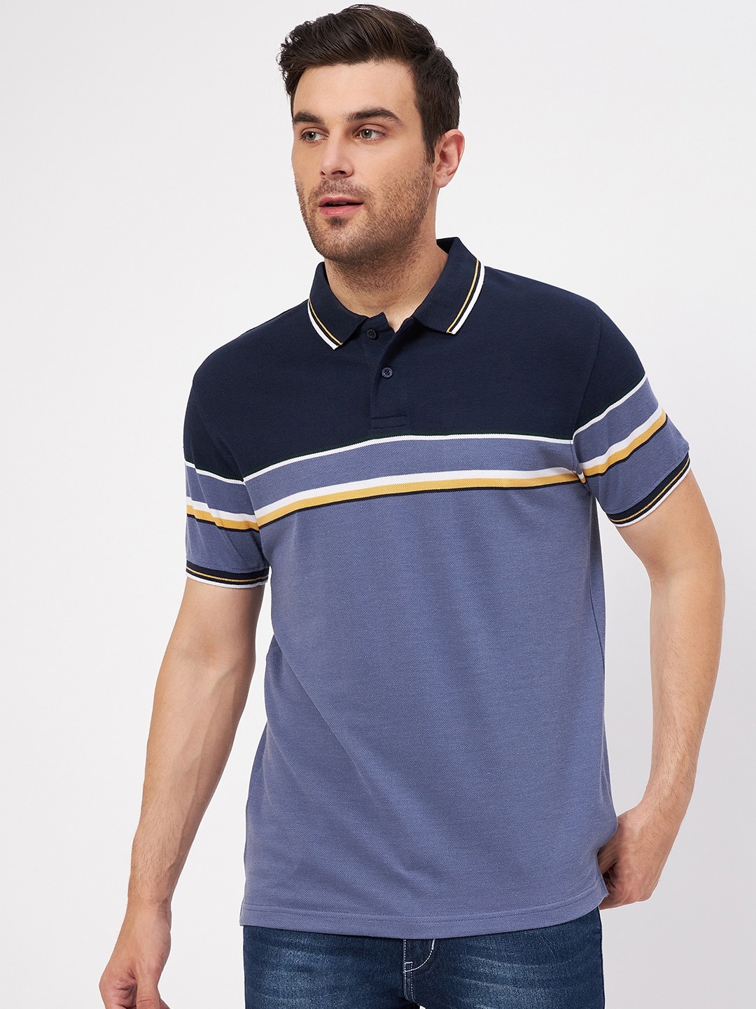 

Austin wood Colourblocked Polo Collar Cotton T-shirt, Blue