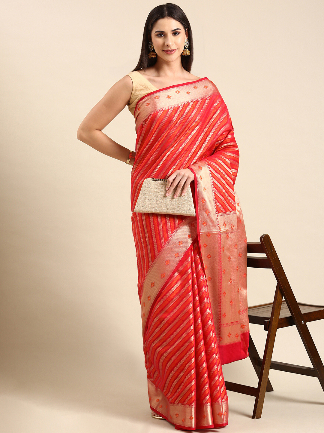 

swatika Woven Design Zari Silk Blend Banarasi Saree, Pink