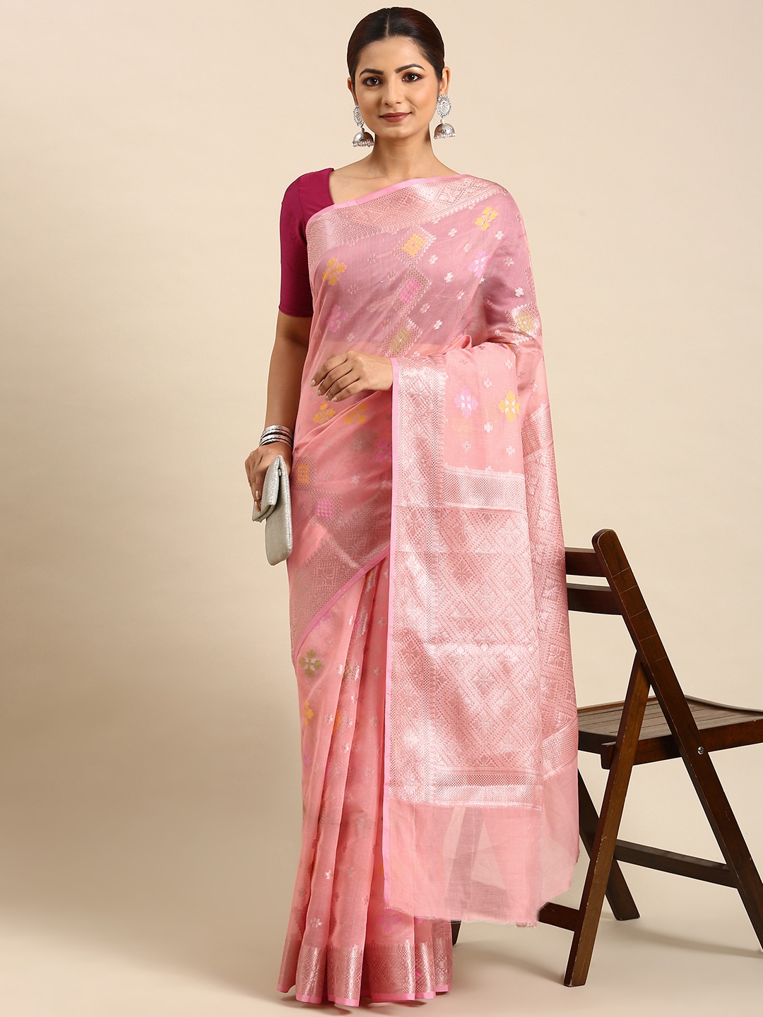 

swatika Woven Design Zari Silk Blend Banarasi Saree, Peach