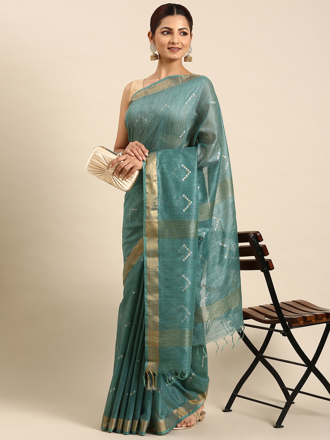 

swatika Woven Design Zari Silk Blend Bhagalpuri Saree, Green