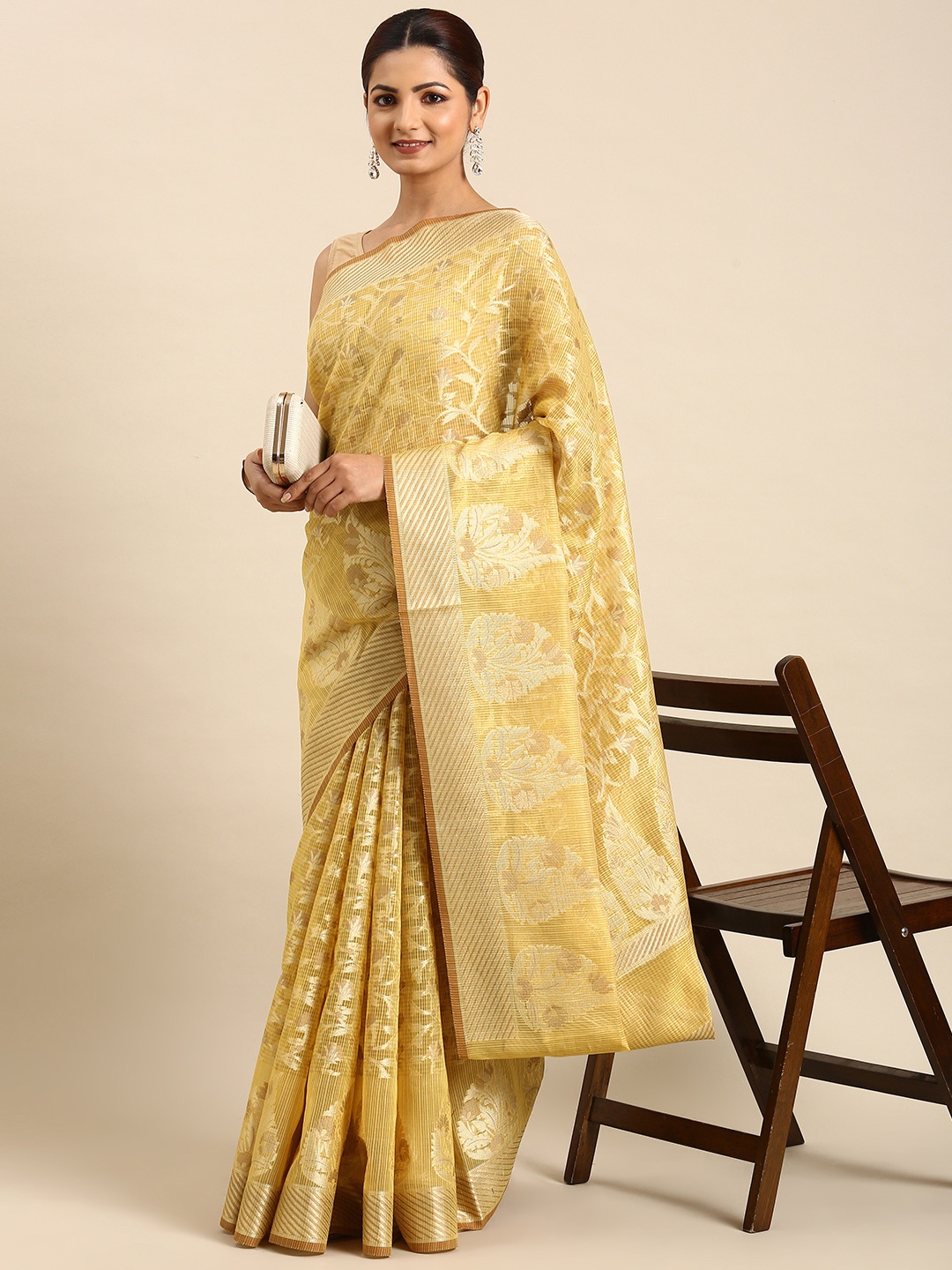 

swatika Woven Design Zari Silk Blend Banarasi Saree, Yellow