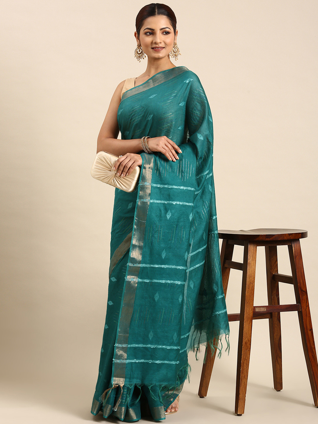 

swatika Woven Design Zari Silk Blend Bhagalpuri Saree, Green