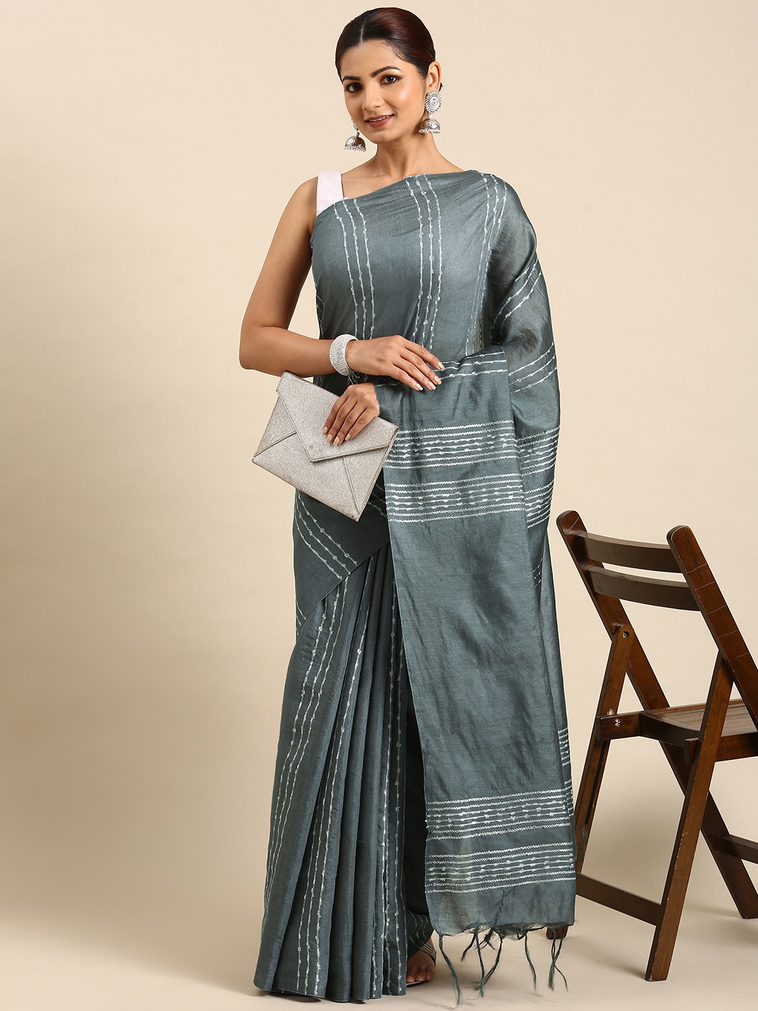 

swatika Woven Design Zari Silk Blend Bhagalpuri Saree, Grey