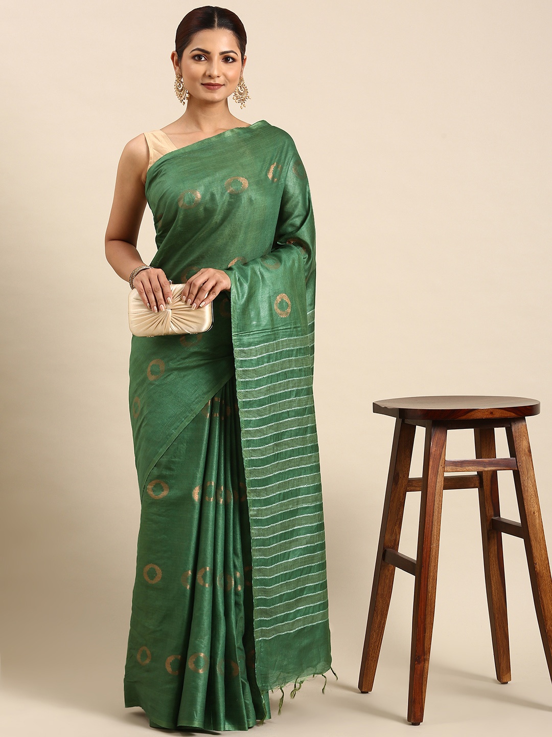 

swatika Woven Design Zari Silk Blend Bhagalpuri Saree, Green