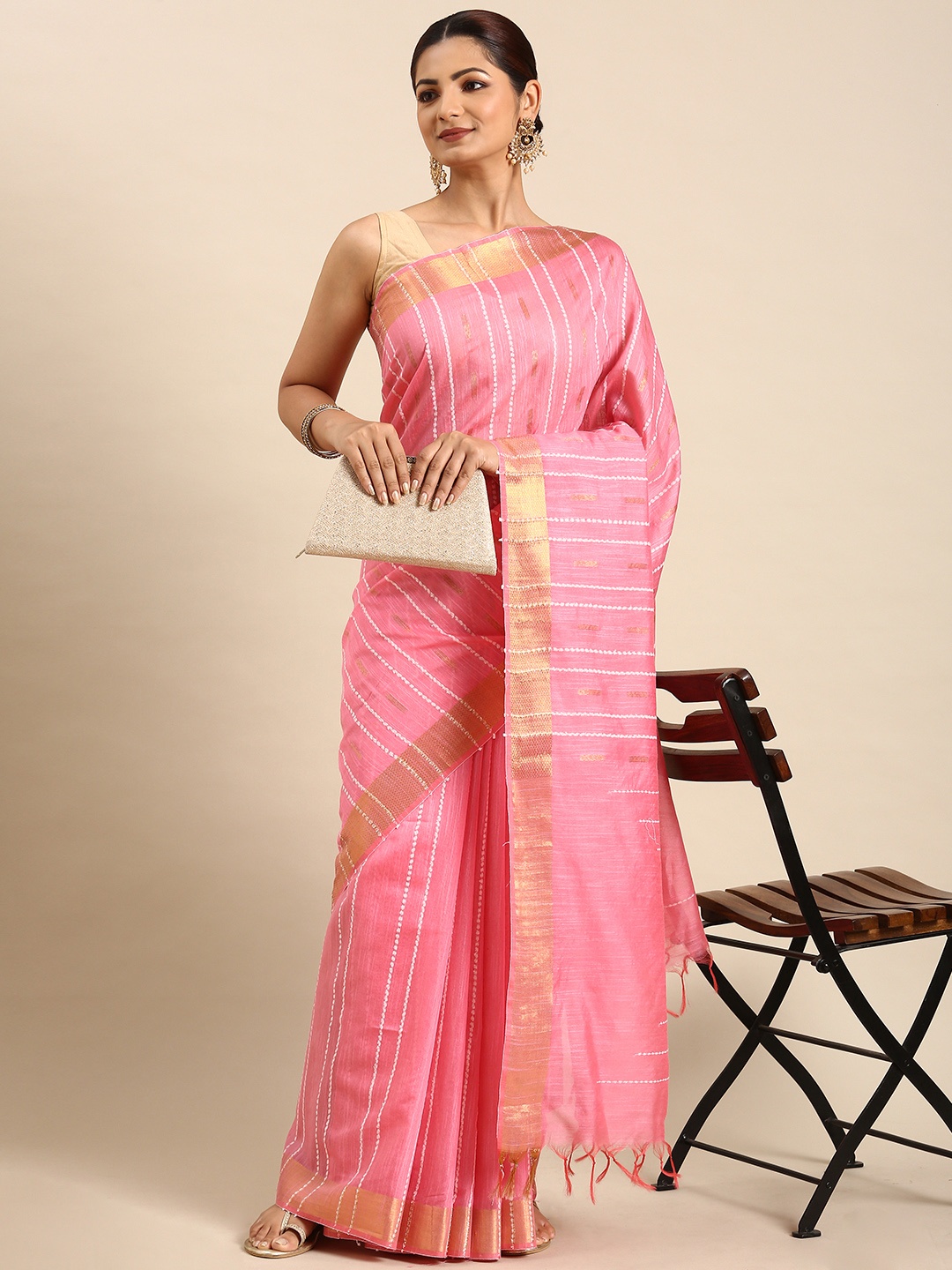 

swatika Woven Design Zari Silk Blend Bhagalpuri Saree, Pink