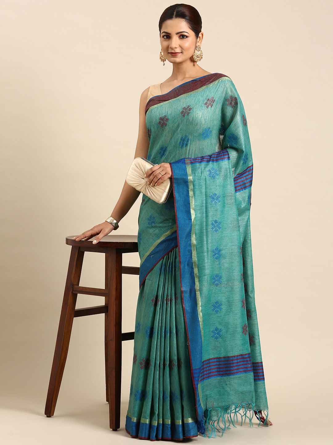 

swatika Woven Design Zari Silk Blend Bhagalpuri Saree, Green