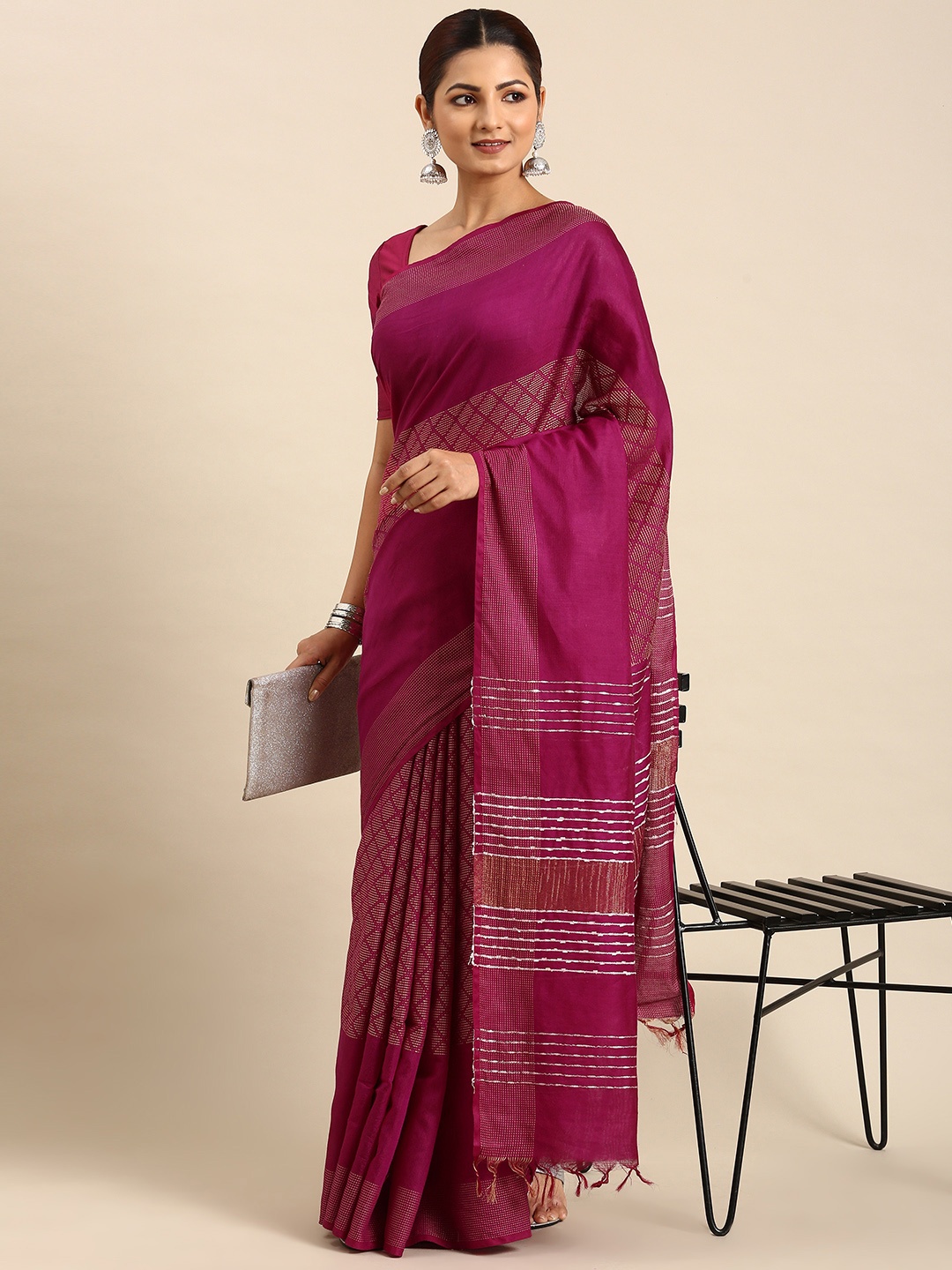 

swatika Woven Design Zari Silk Blend Bhagalpuri Saree, Purple