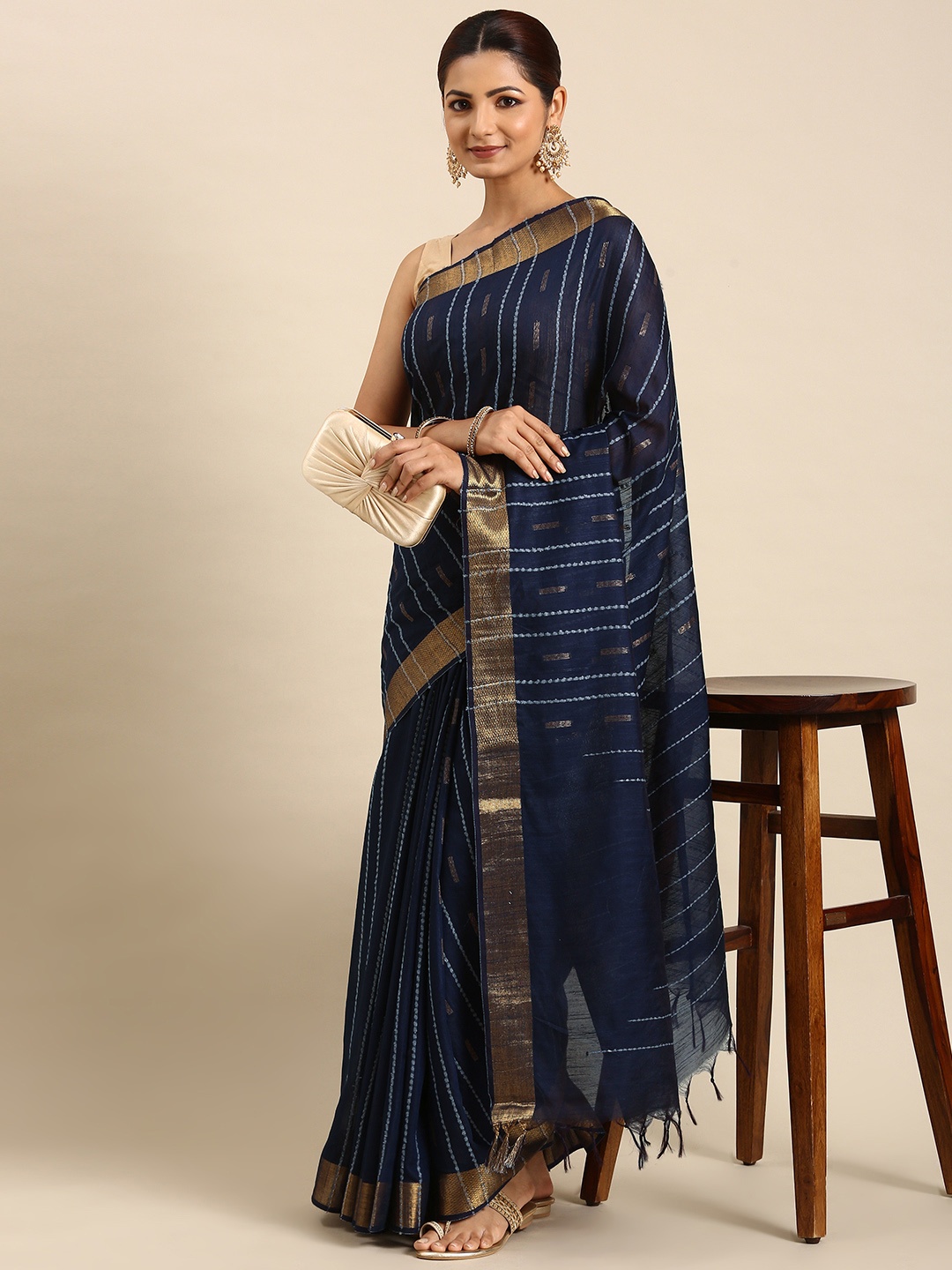 

swatika Woven Design Zari Silk Blend Bhagalpuri Saree, Blue