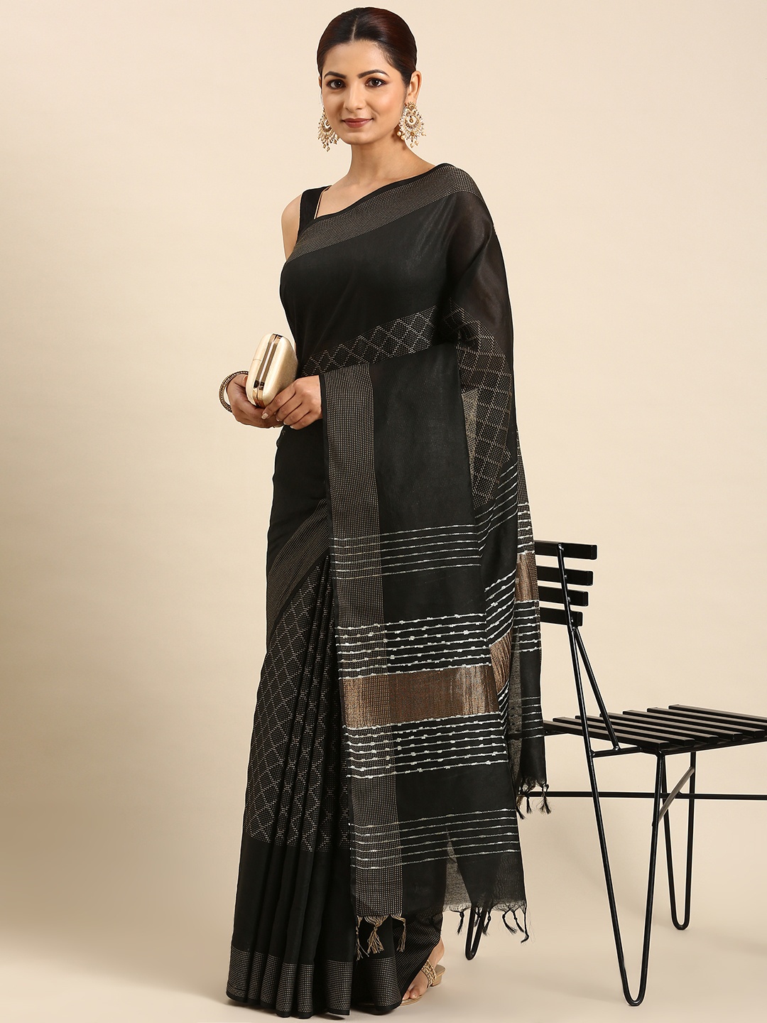 

swatika Woven Design Zari Silk Blend Bhagalpuri Saree, Black
